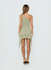 Family Ties Ruched One Shoulder Mini Dress Green