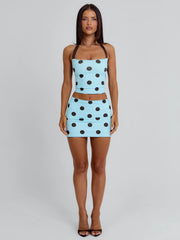 LULA REVERSIBLE TOP BLUE AND CHOCOLATE POLKA DOT