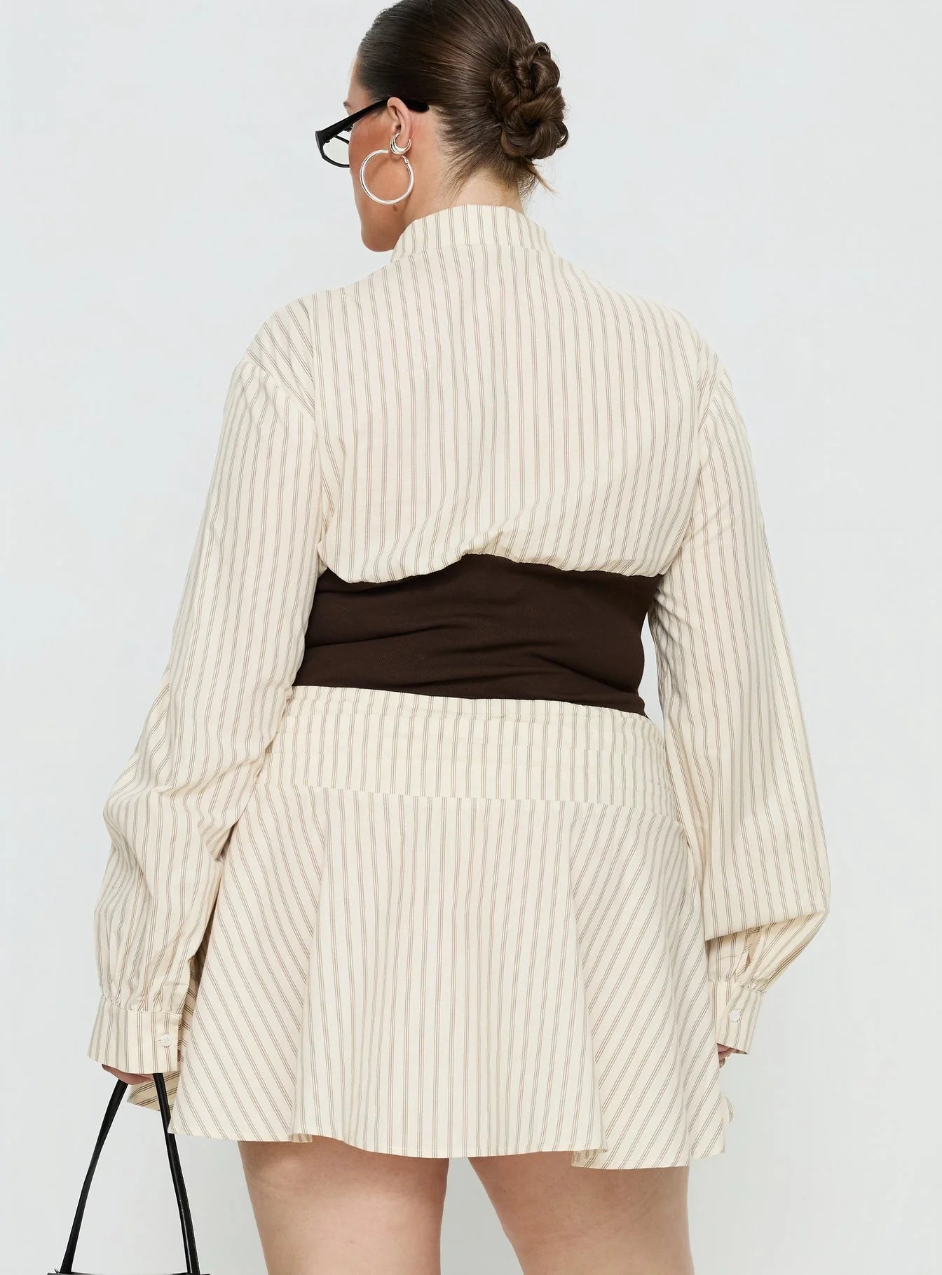 Belva Long Sleeve Corset Shirt Mini Dress Brown Stripe Curve