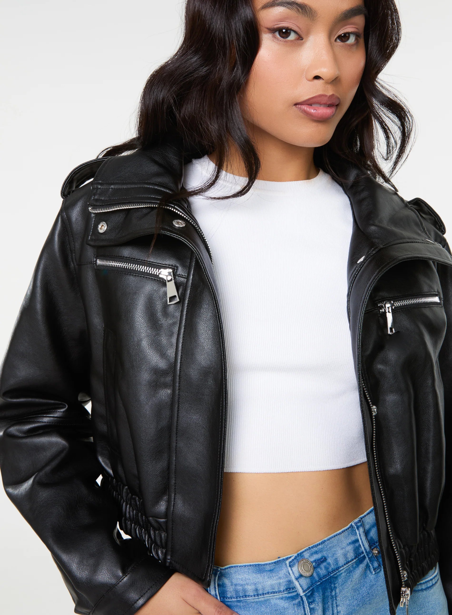 Pocket Detail PU Cropped Bomber Jacket