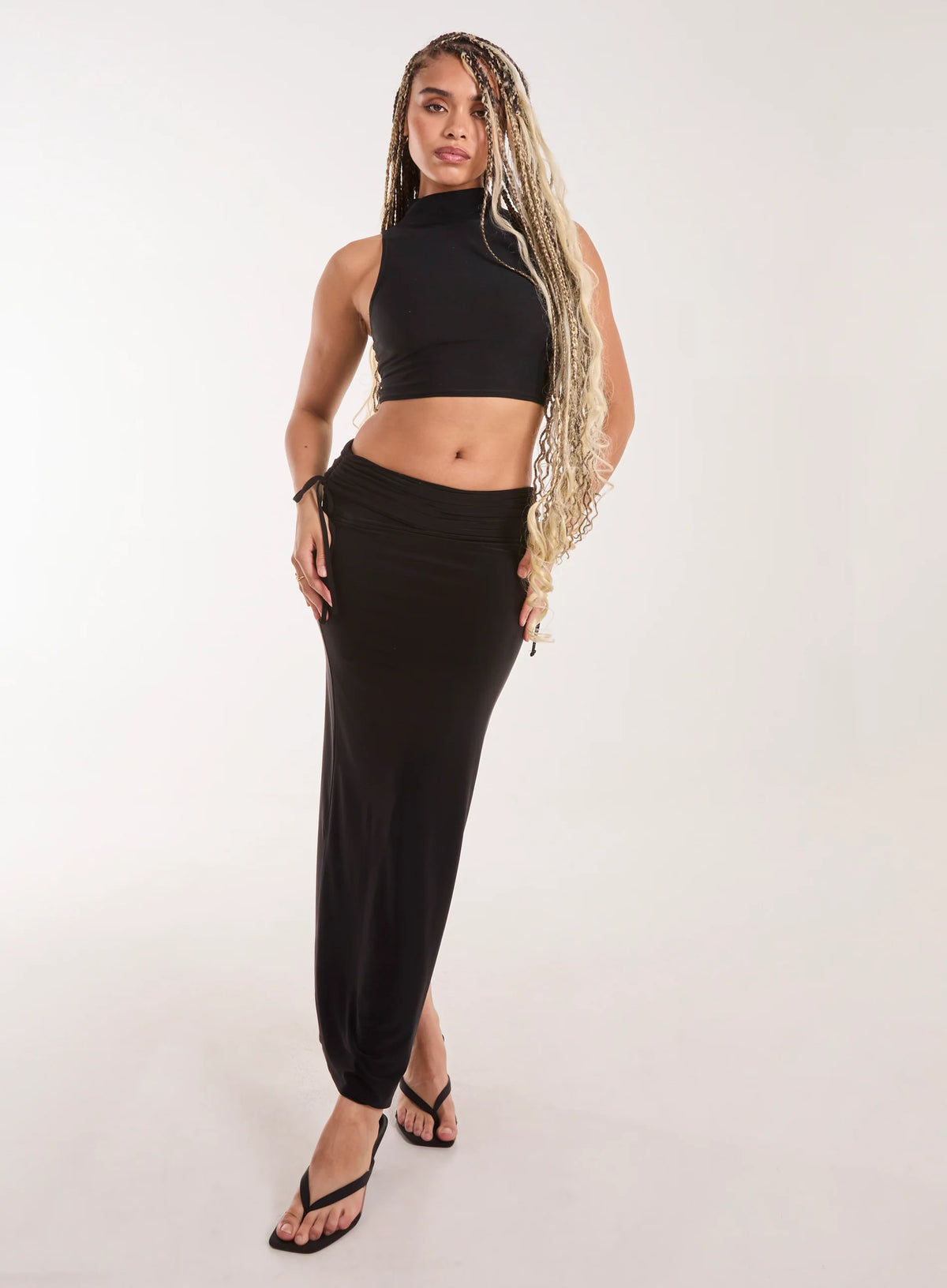 Low Rise Fold Over Slinky Maxi Skirt