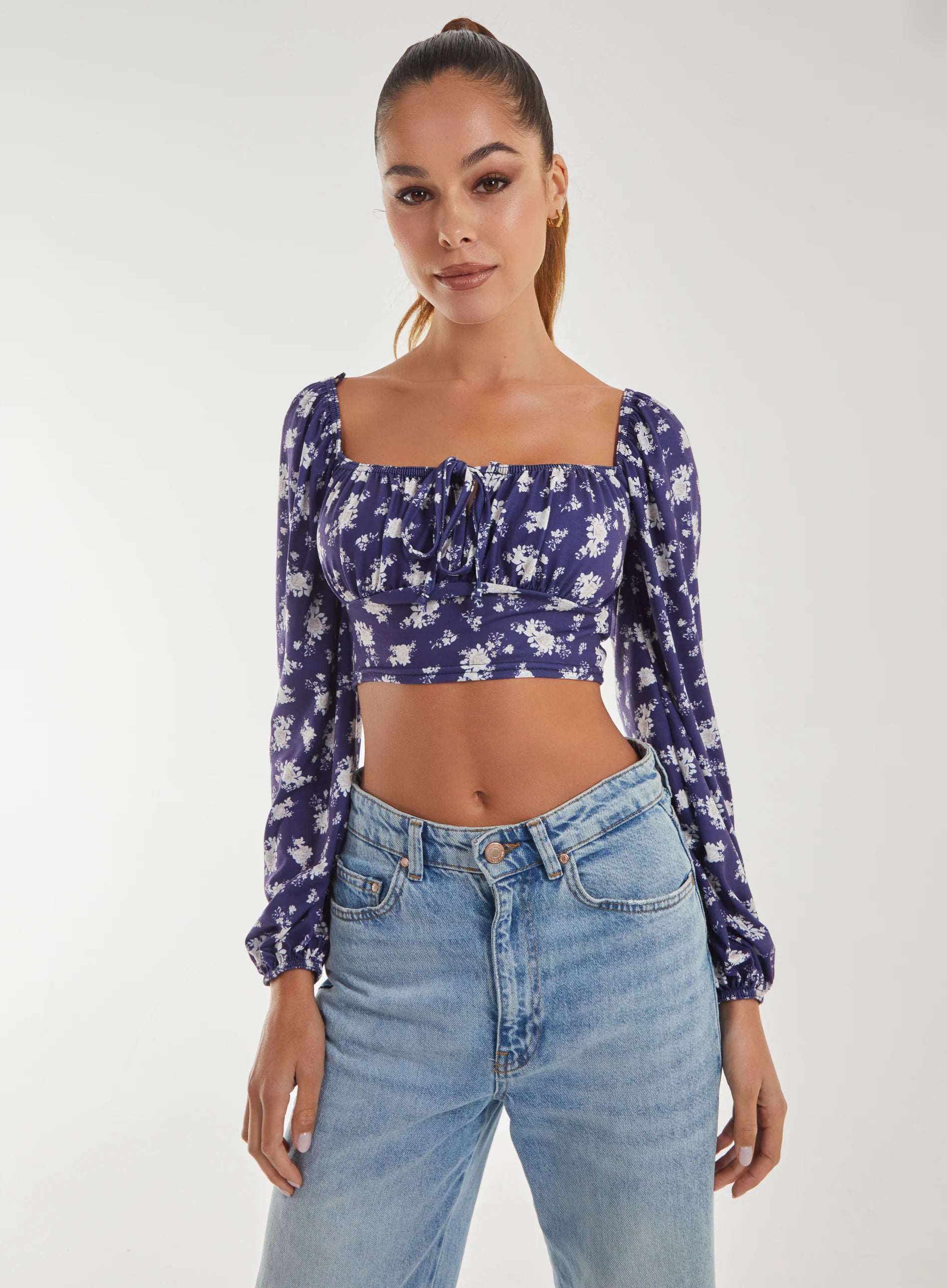 Floral Printed Milkmaid Long Balloon Sleeve Top
