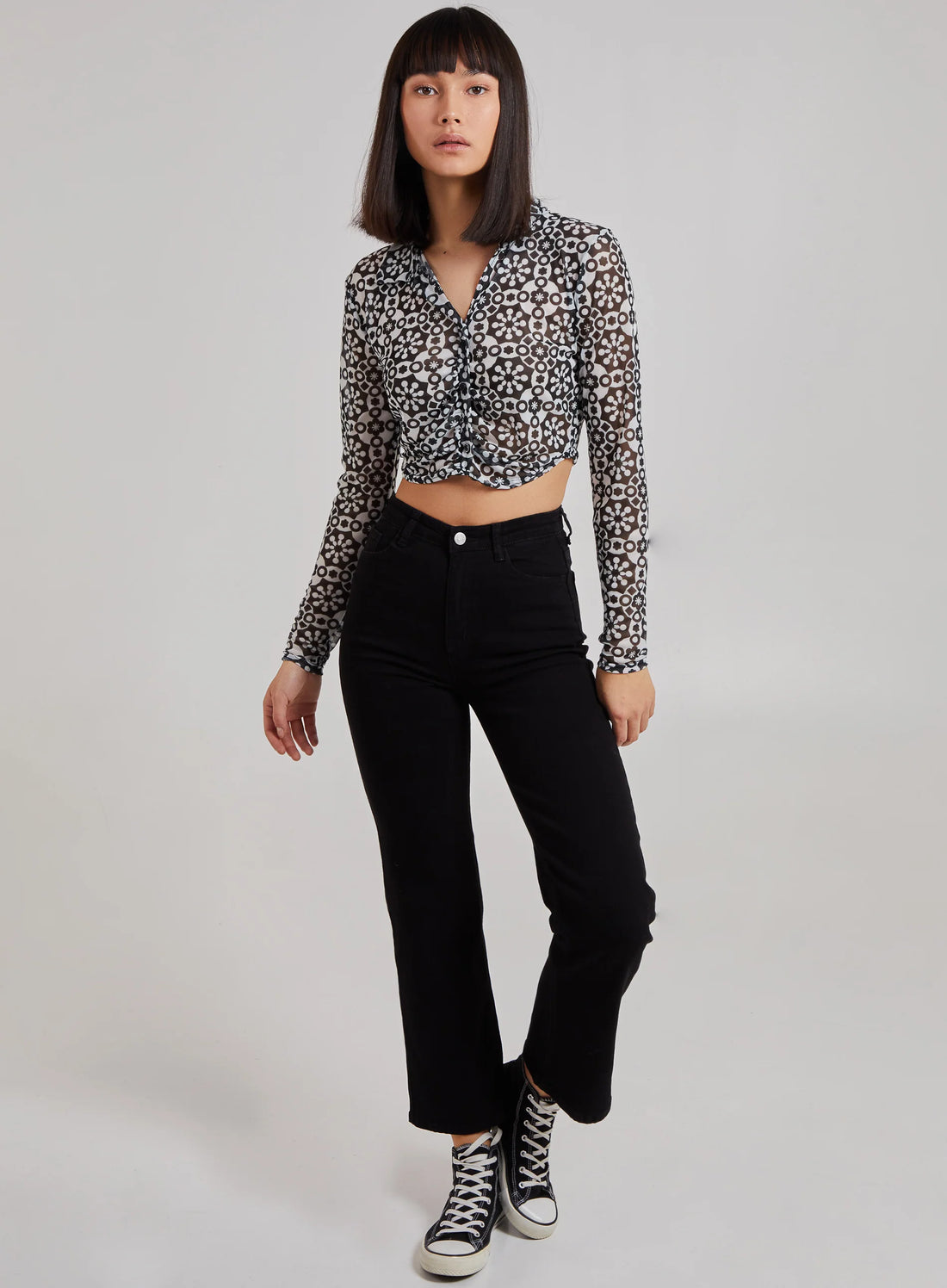 Geometric Print Mesh Button Up Top