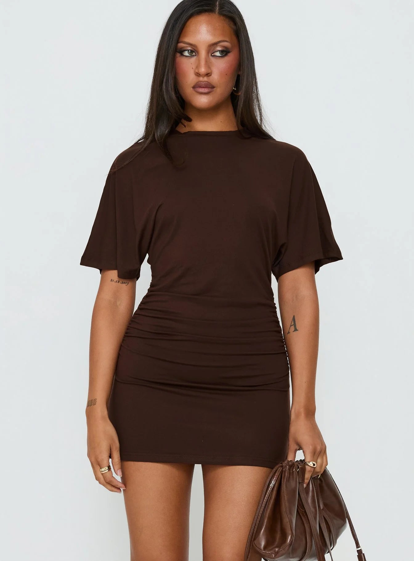 Hunni Ruched Shirt Mini Dress Brown