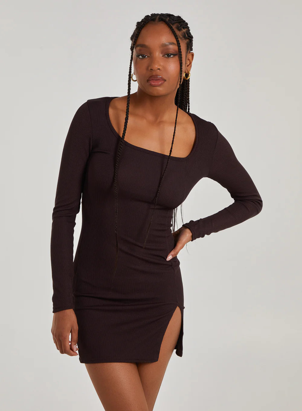 Ribbed Split Hem Square Neck Long Sleeve Dress