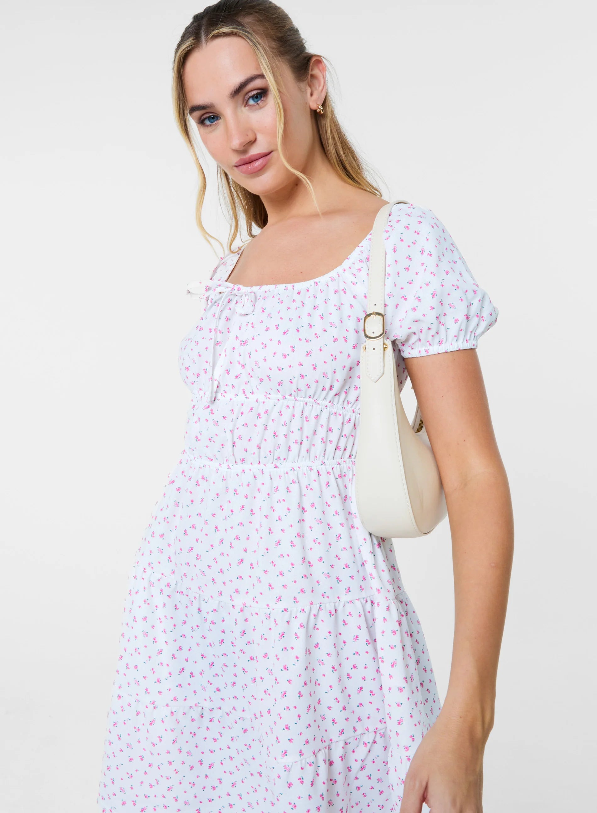 Ditsy Puff Sleeve Tiered Mini Dress