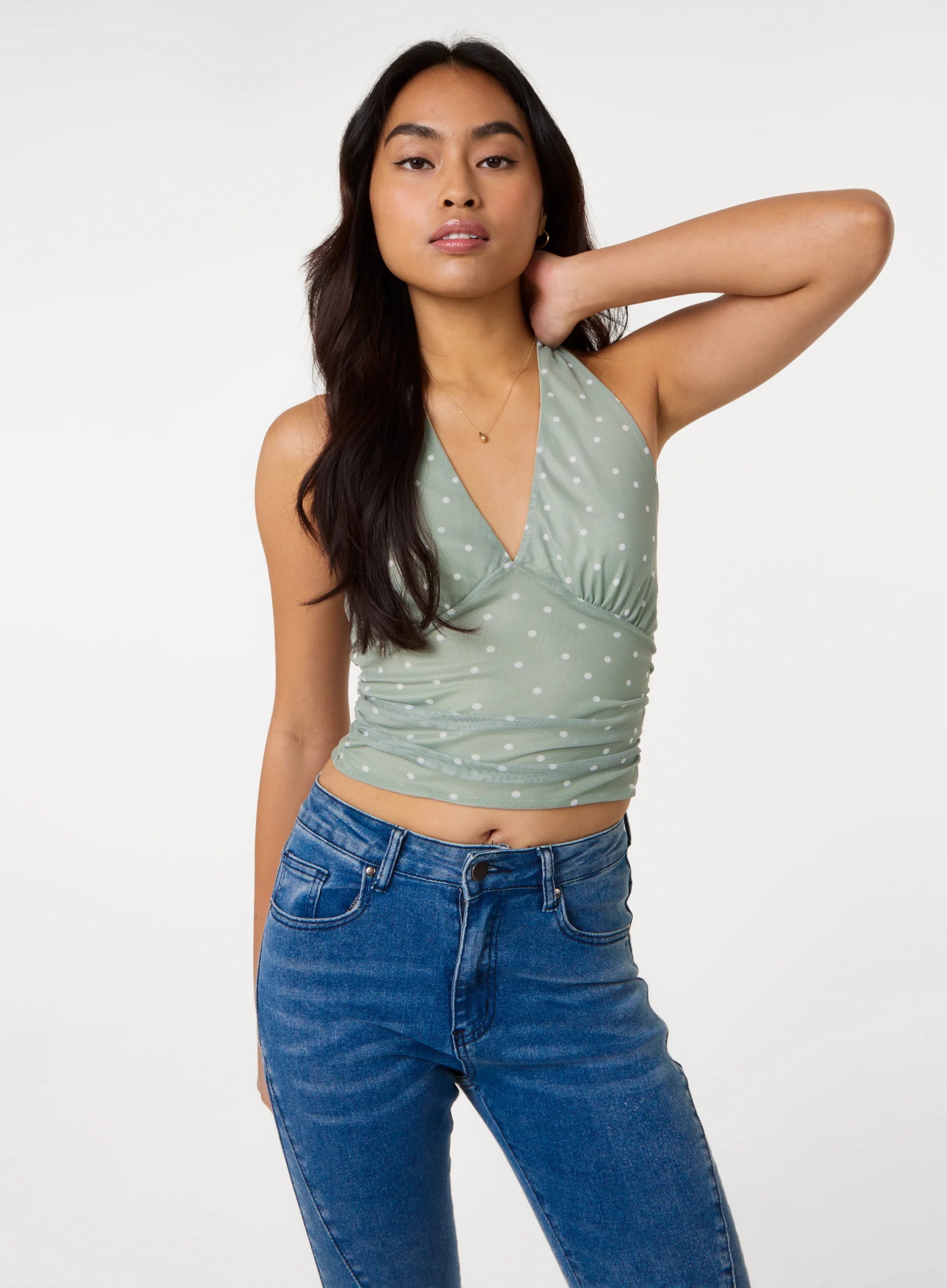 Ruched Side Halter Top In Polka Dot