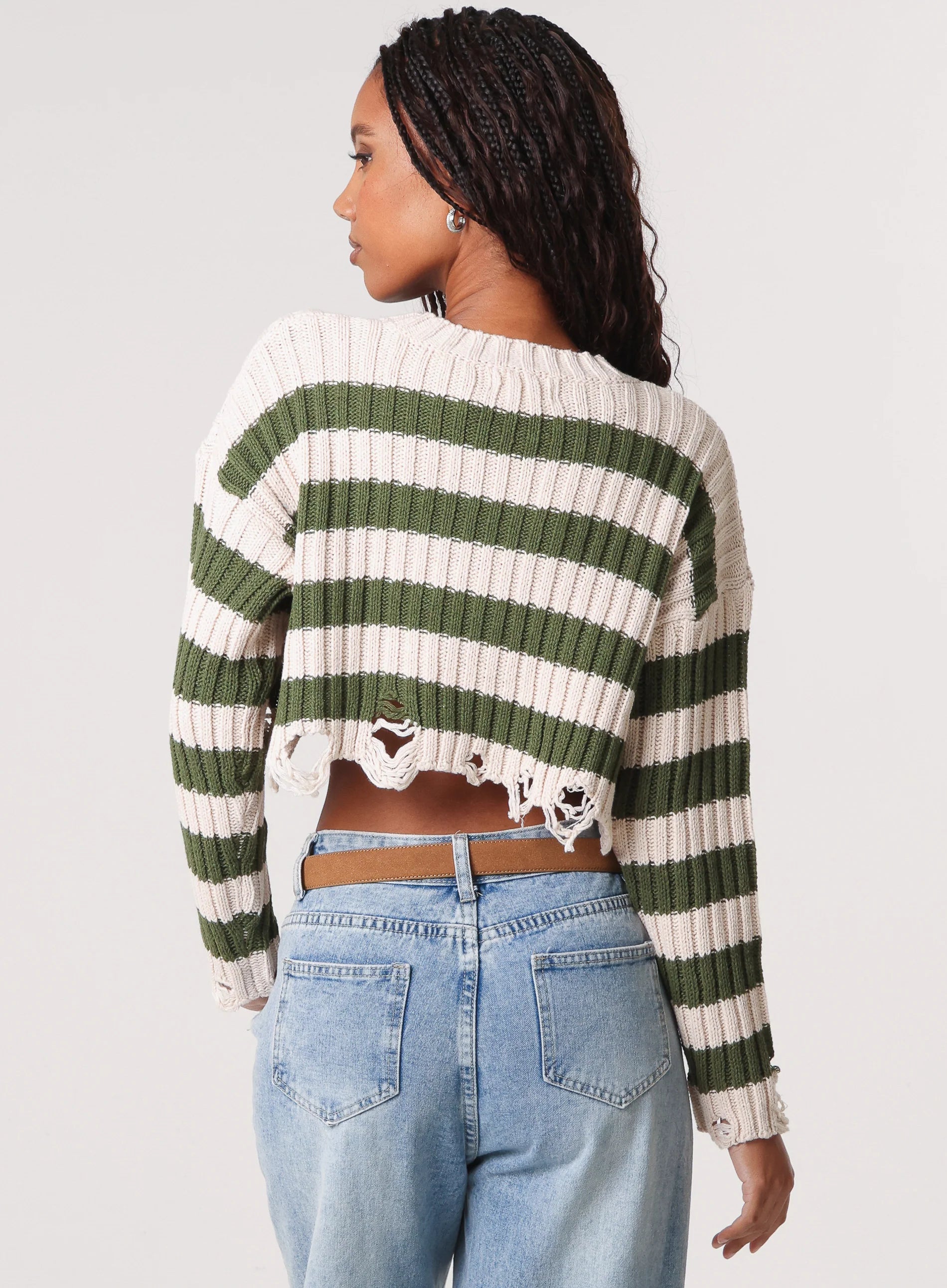 Distressed Striped Crop Knit Jumper