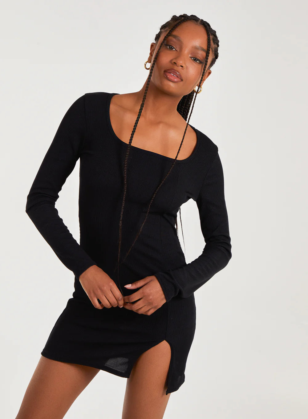Ribbed Split Hem Square Neck Long Sleeve Dress