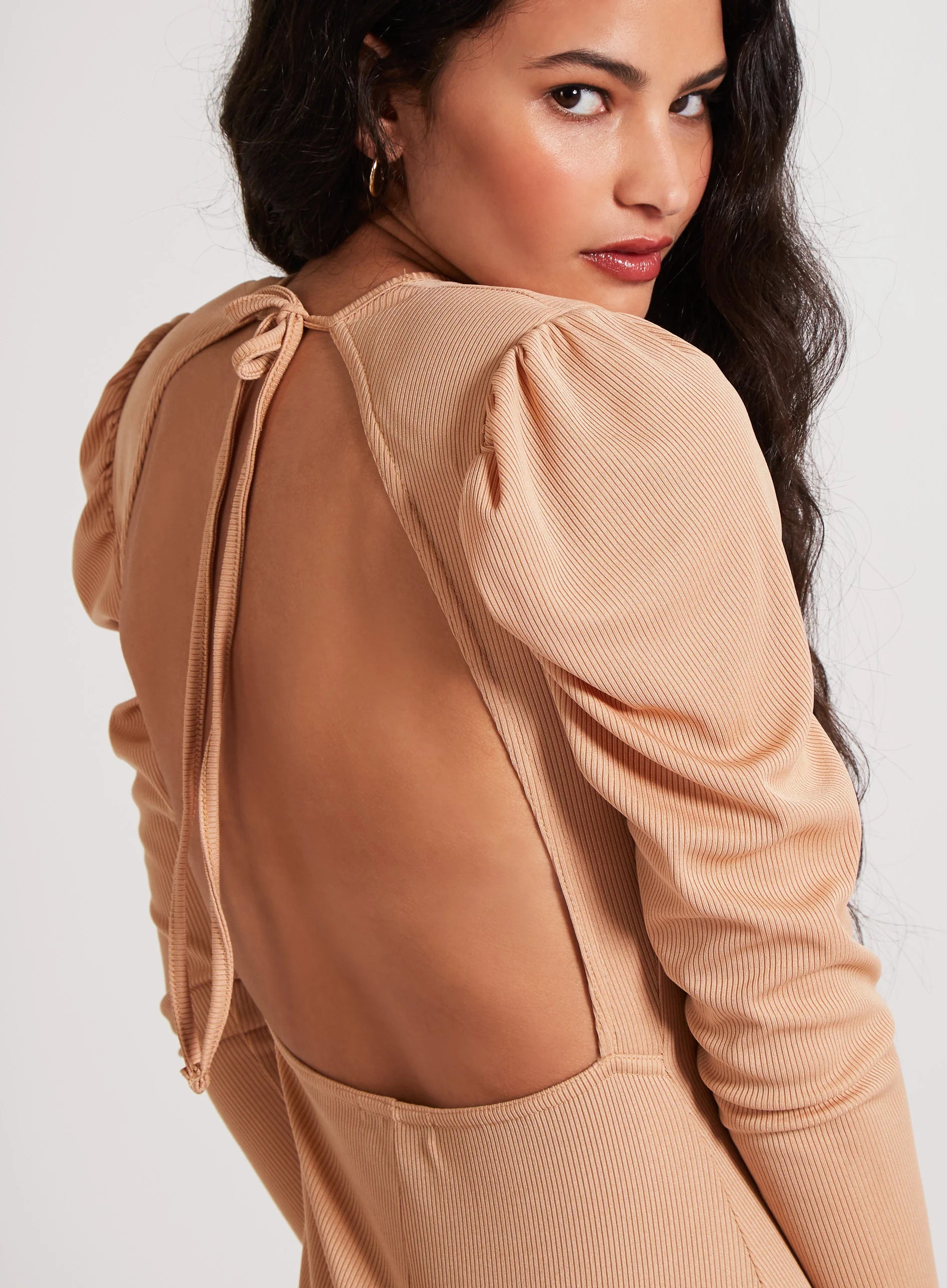 Ribbed Open Back Padded Shoulder Dress