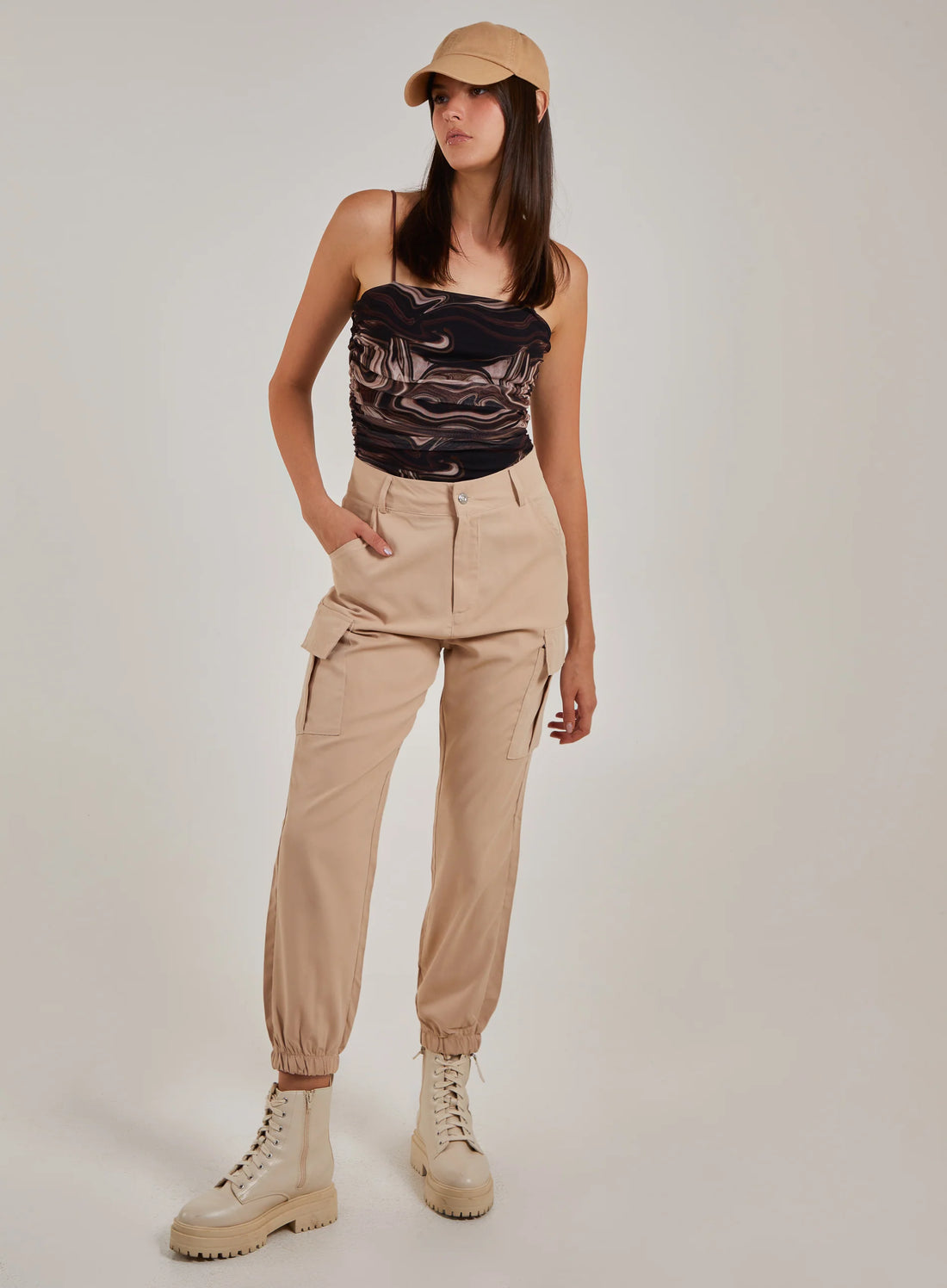 Mesh Marble Ruched Cami Strap Bodysuit