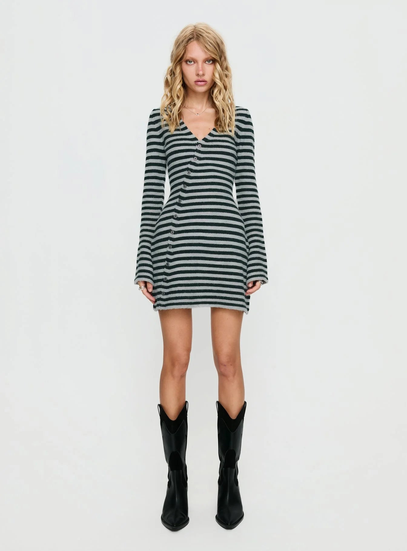 Morgen Asymmetrical Long Sleeve Mini Dress Grey / Green Stripe