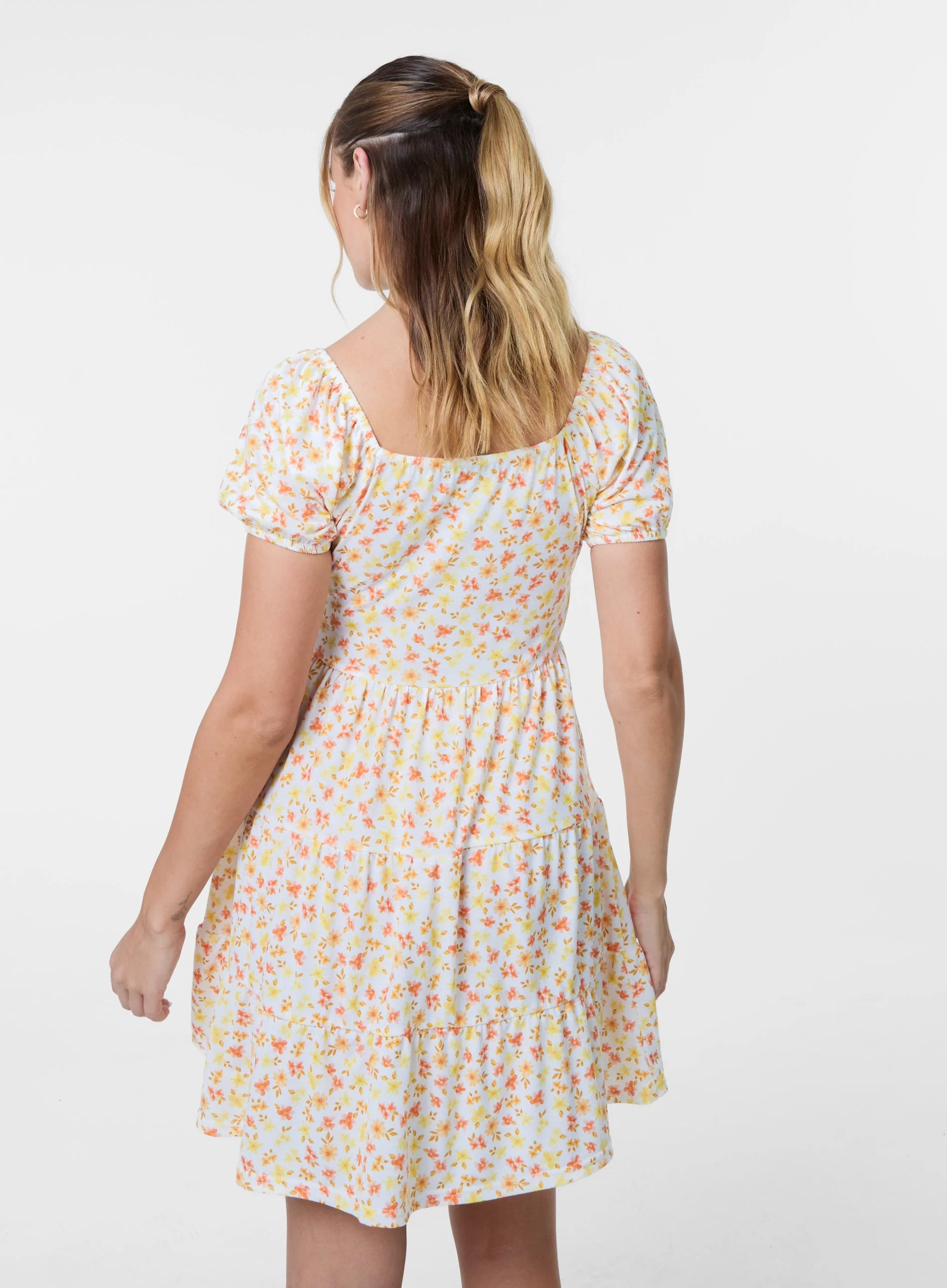Ditsy Puff Sleeve Tiered Mini Dress