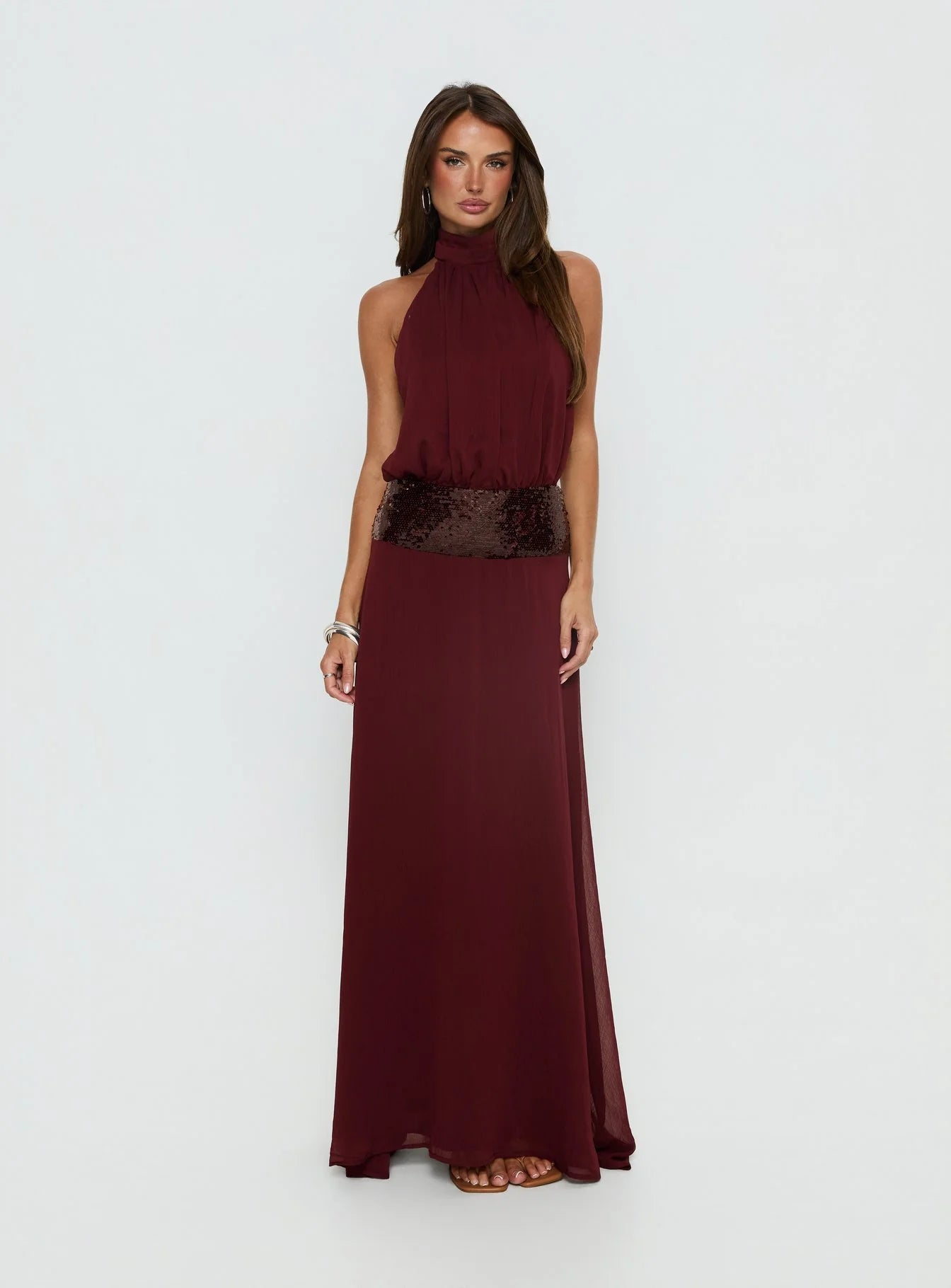 Darwinn Drop Waist Sequin Detail Maxi Dress Burgundy