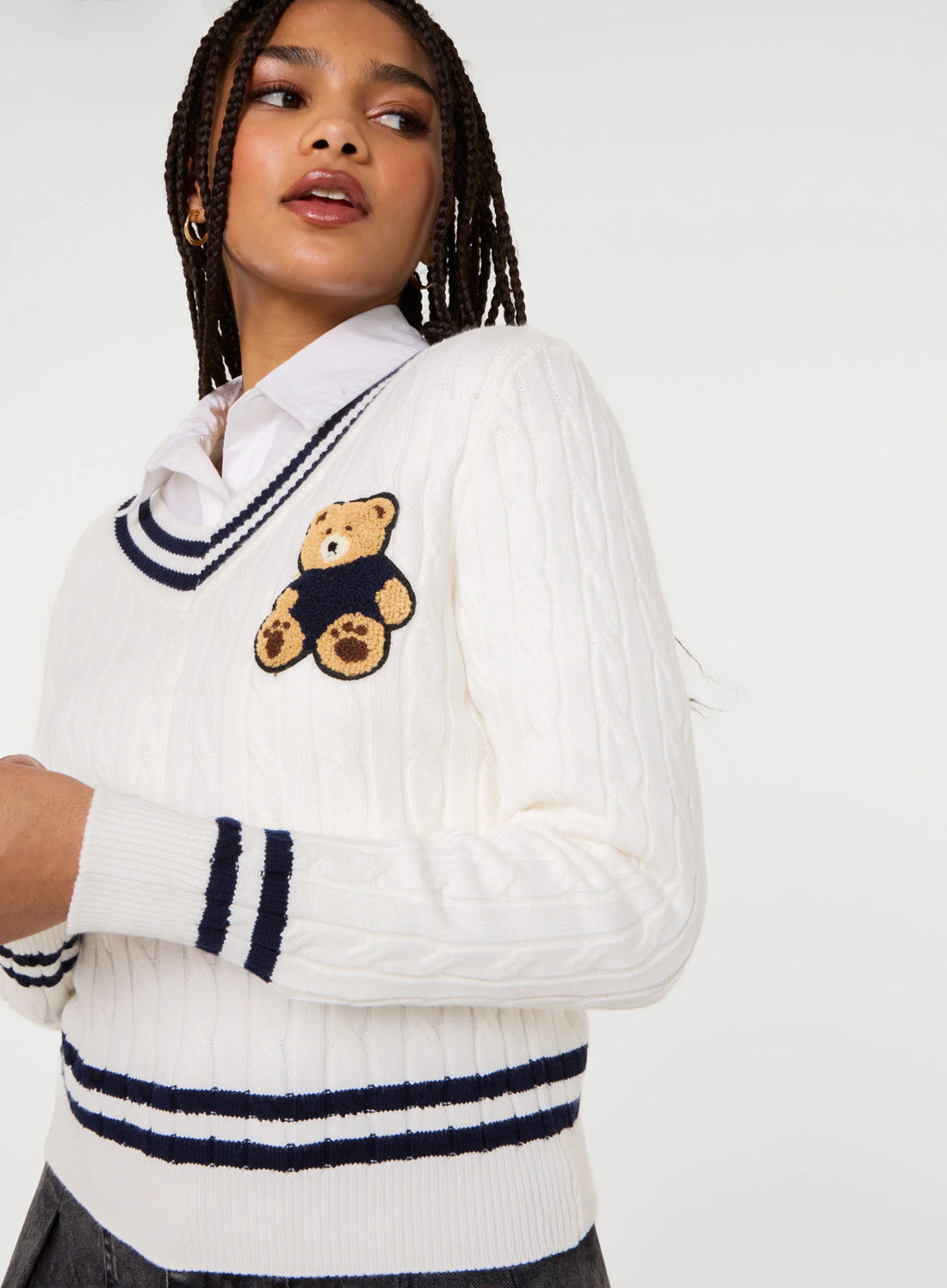 Contrast V-Neck Teddy Jumper
