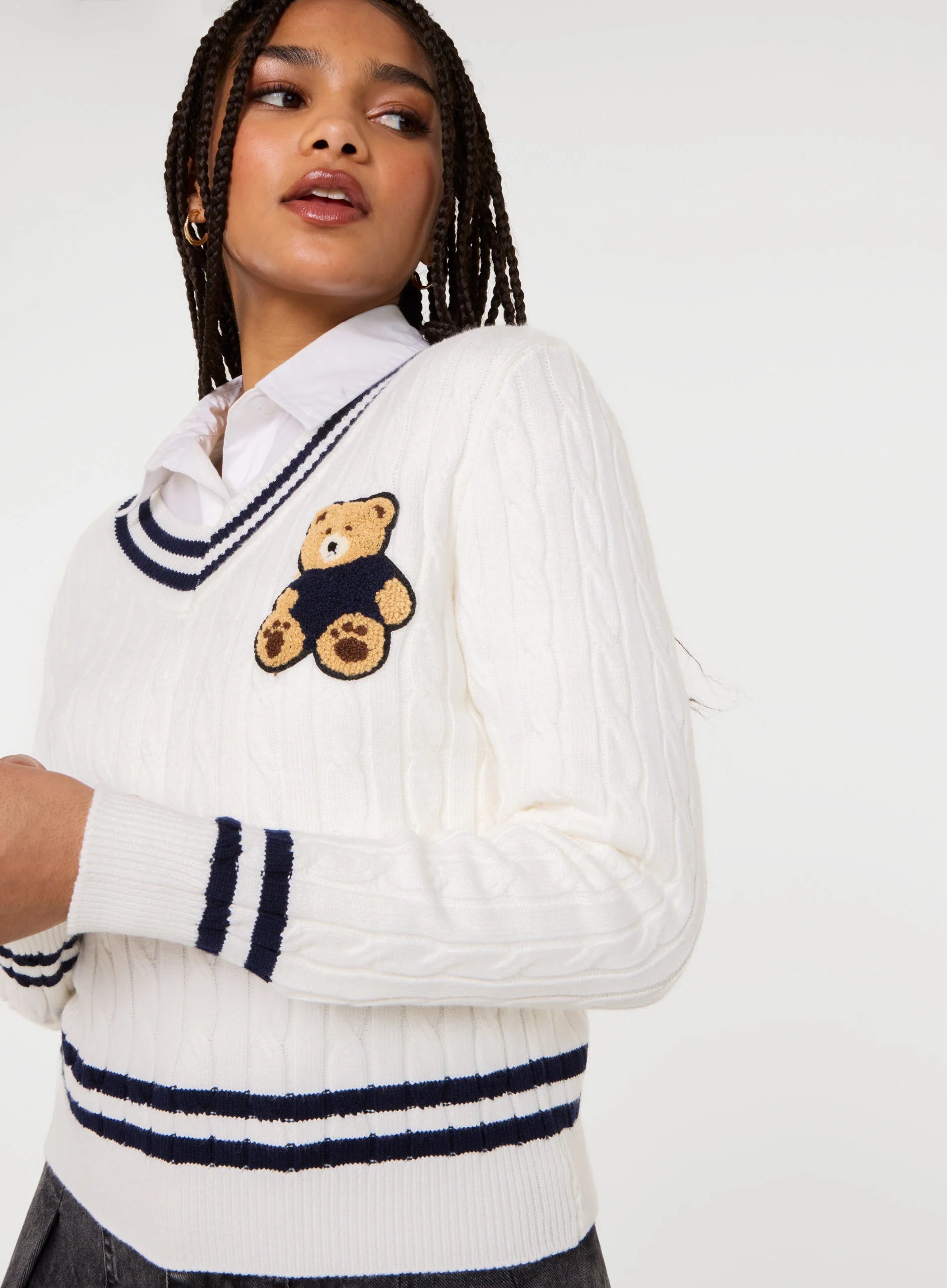 Contrast V-Neck Teddy Jumper