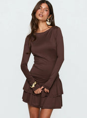 Mallissa Long Sleeve Ruffled Mini Dress Brown
