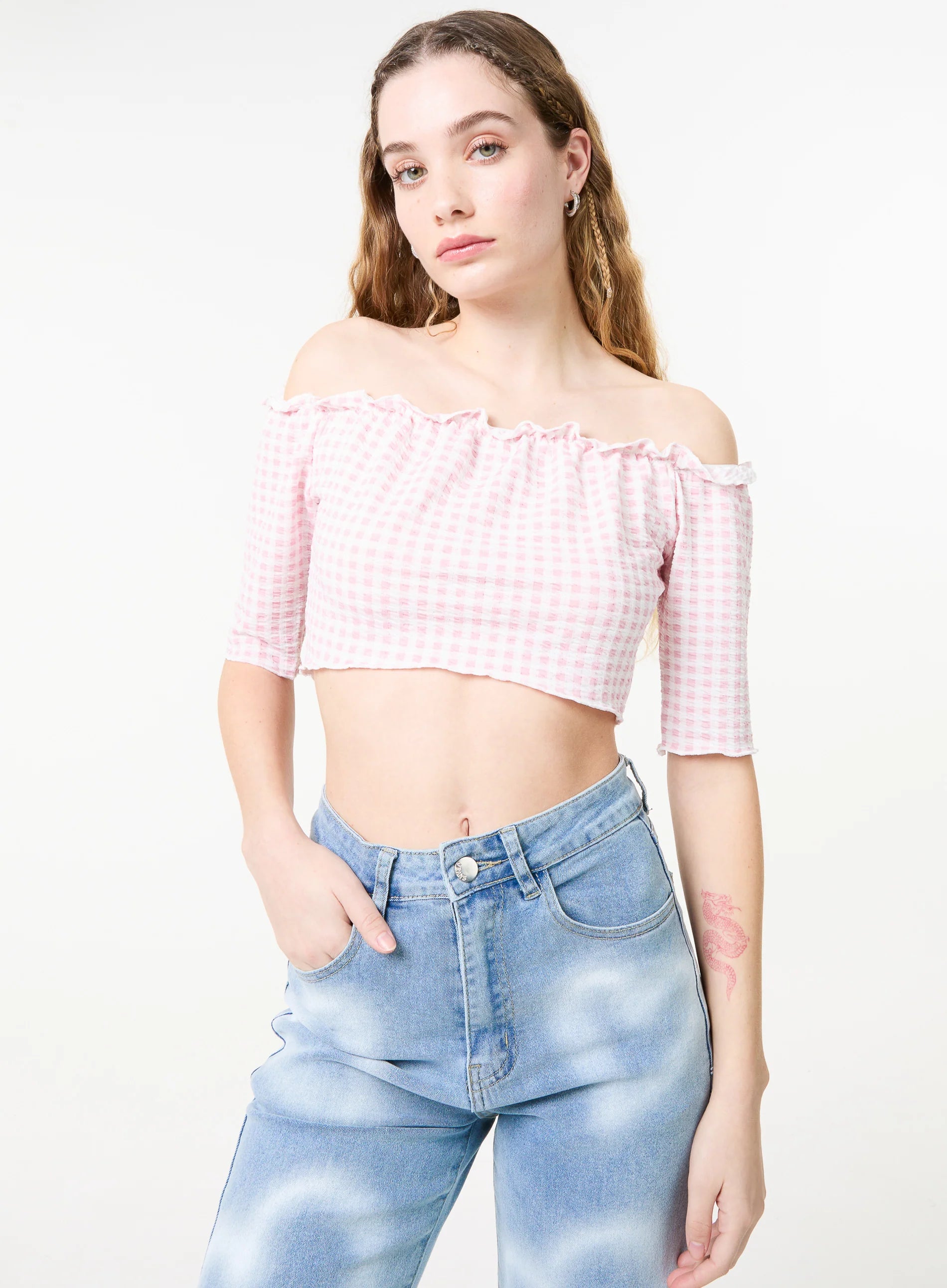 Frill Detail Gingham Bardot Top