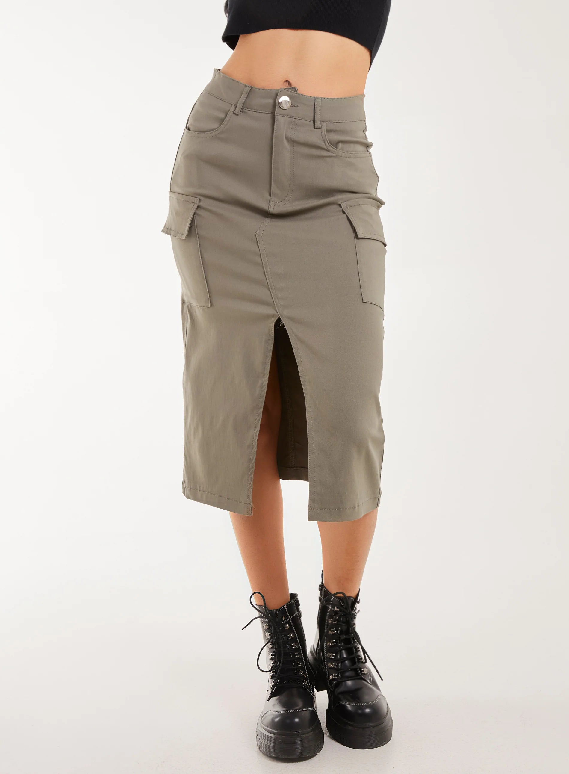 Utility Cargo Midi Slit Skirt