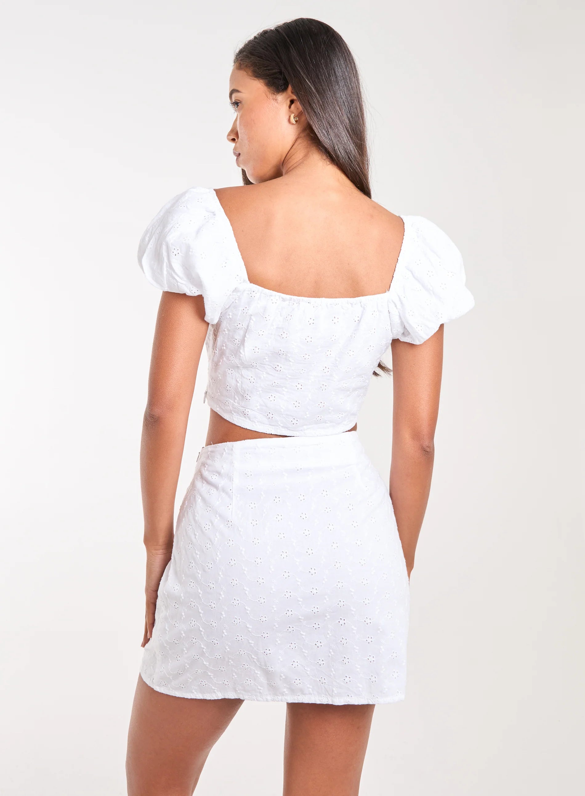 Lace Up Corset Puff Sleeve Broderie Crop Top