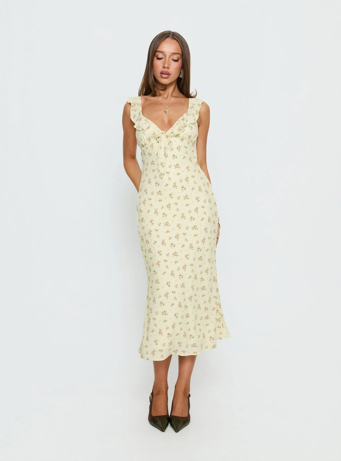 Leabelle Frill V Neck Maxi Dress Yellow Floral