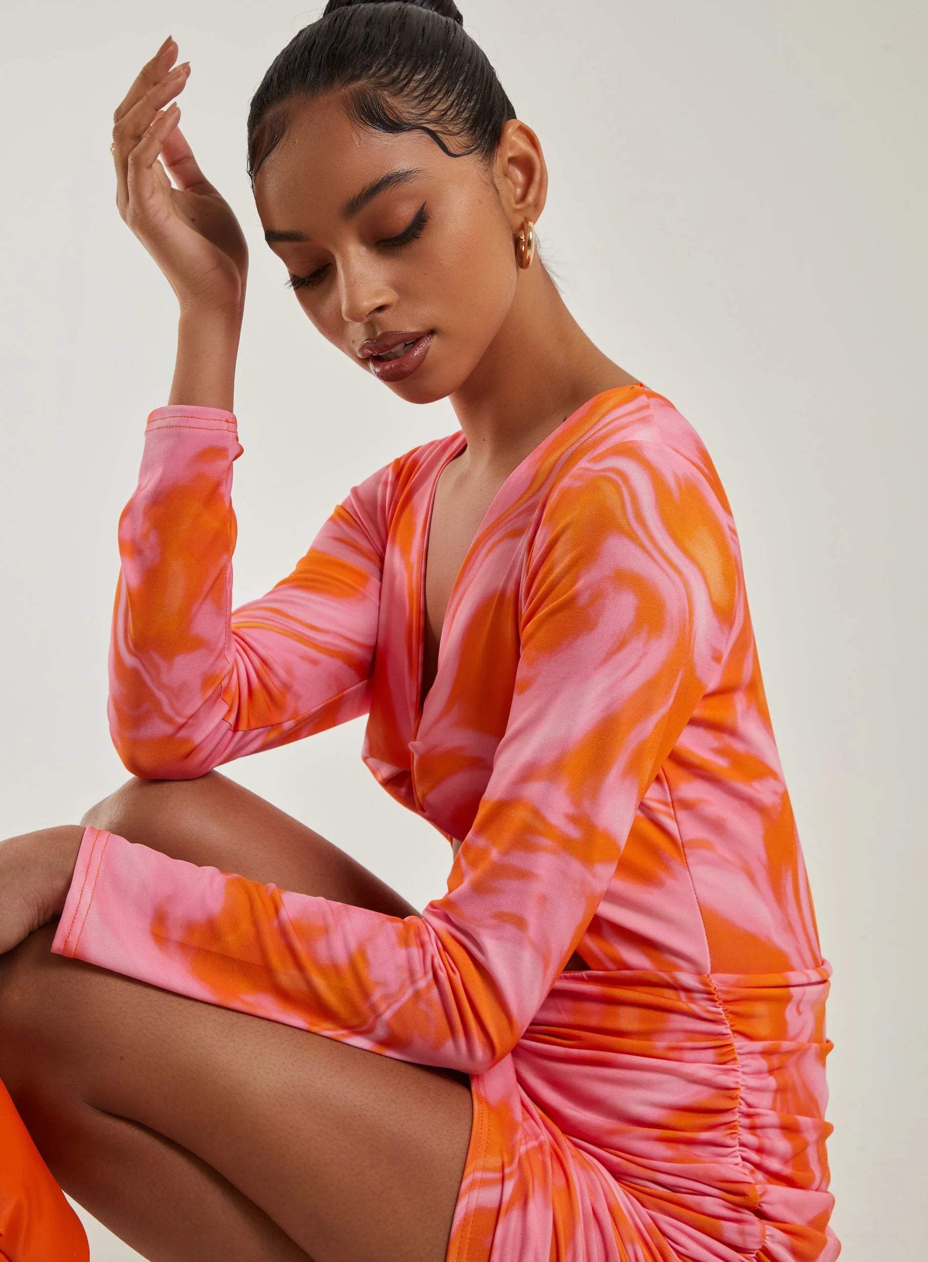 Marble Twist Long Sleeve Cut Out Ruched Mini Dress