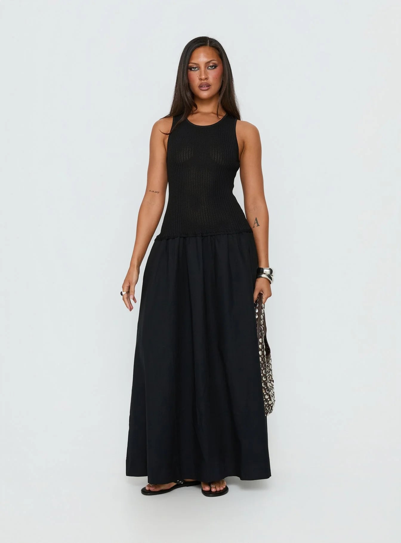 Carlene Shirred Drop Waist Maxi Dress Black
