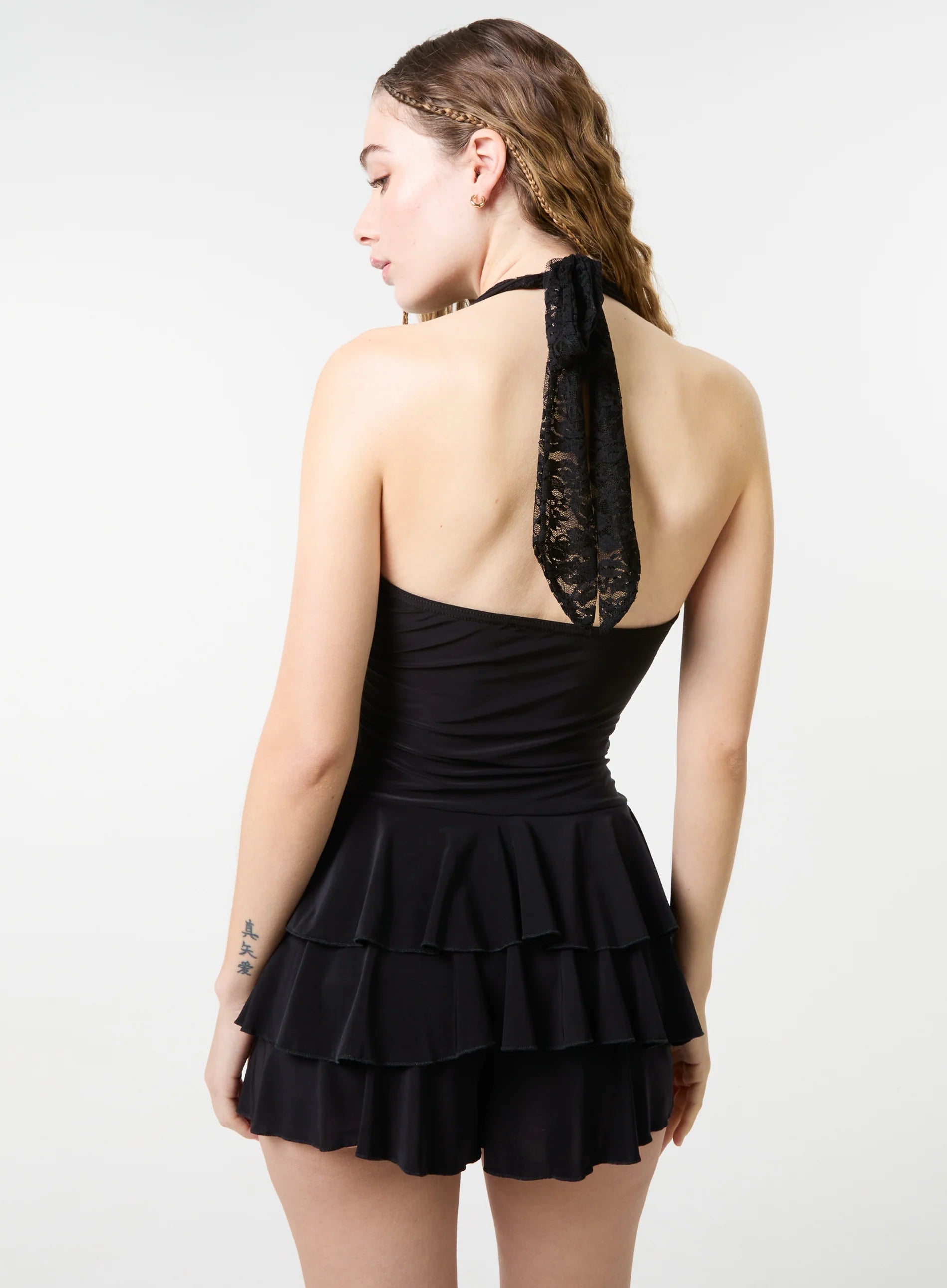 Lace Halter Neck Ruffle Playsuit