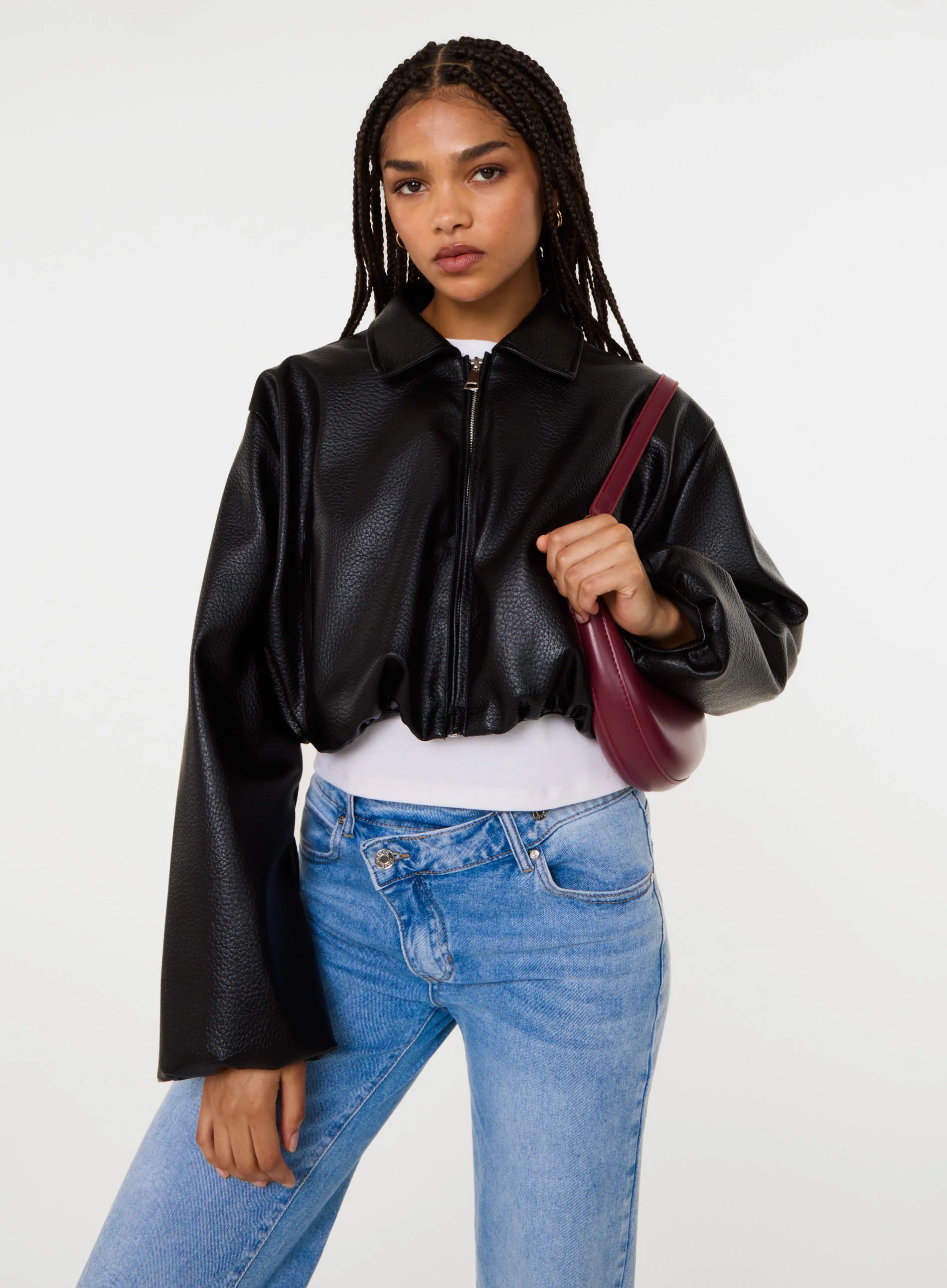 Faux Leather Puffball Jacket
