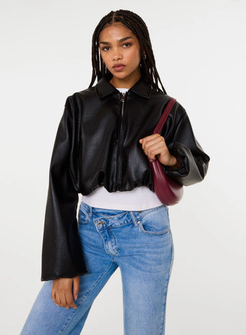 Faux Leather Puffball Jacket