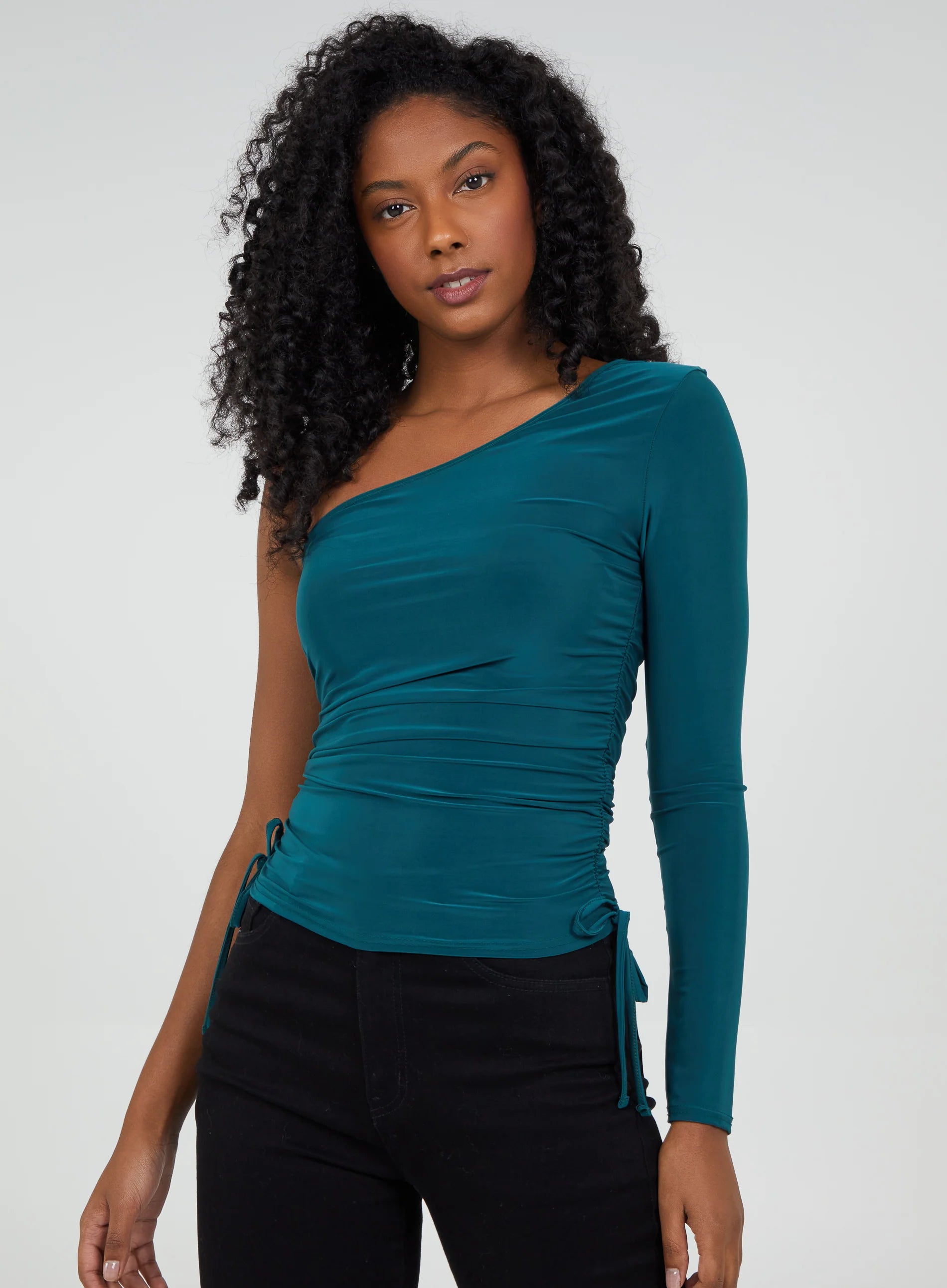 Ruched One Shoulder Slinky Top