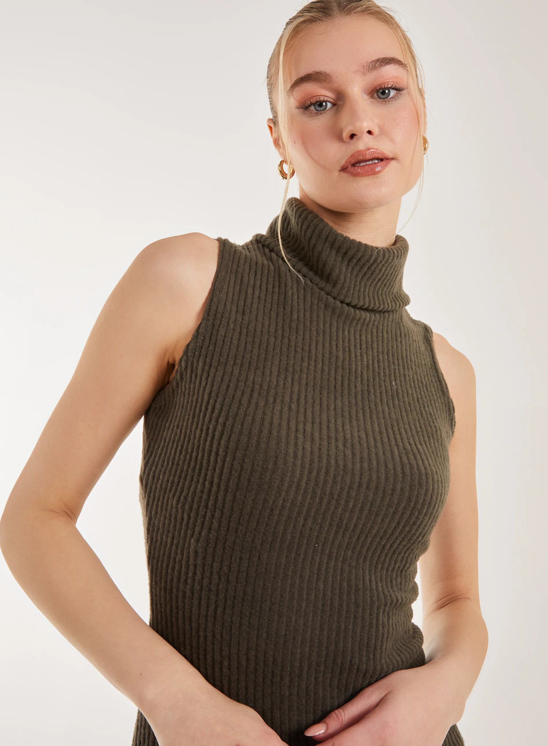 Brushed Sleeveless Polo Neck Mini Dress