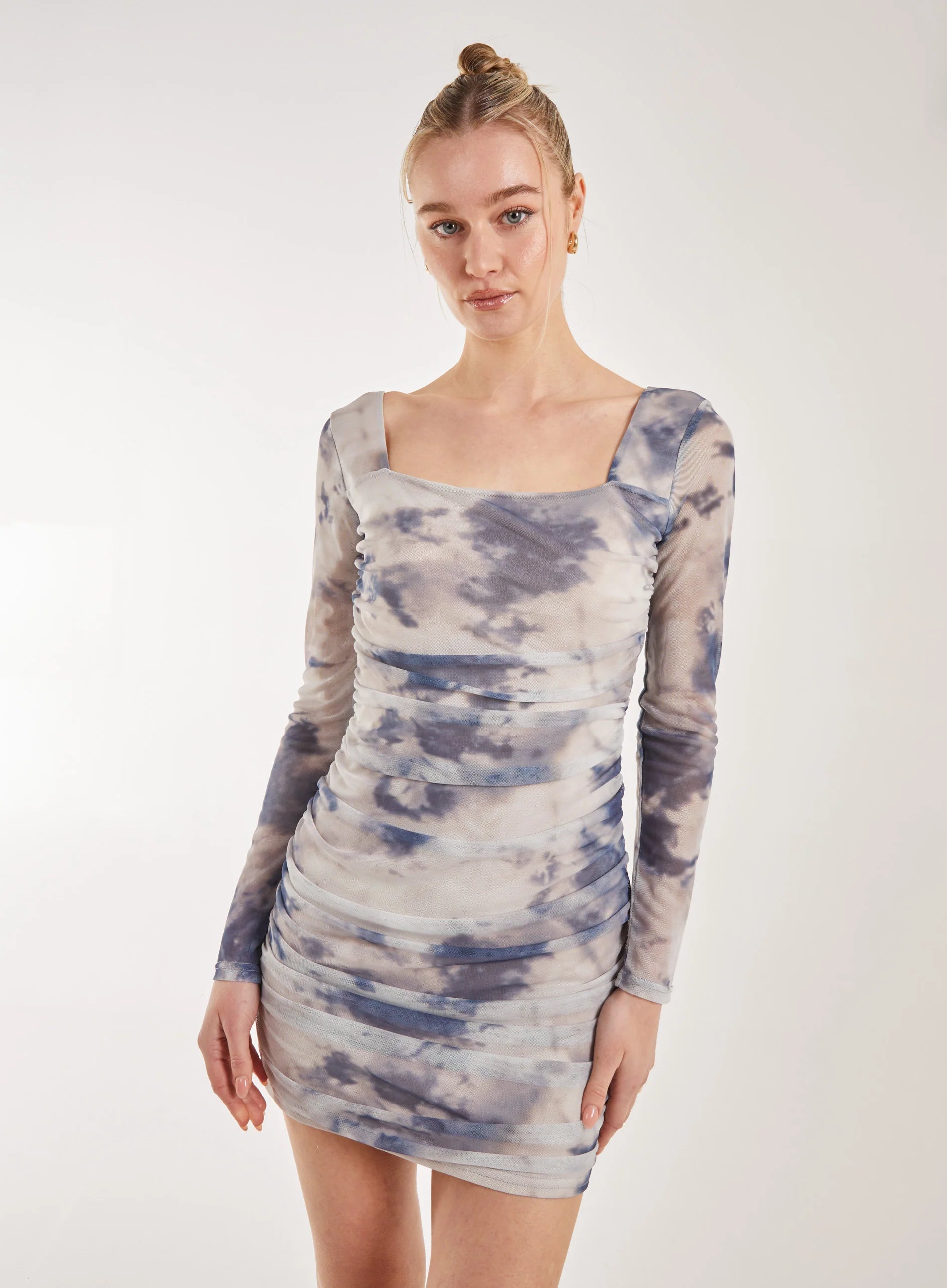 Long Sleeve Distressed Print Mini Dress