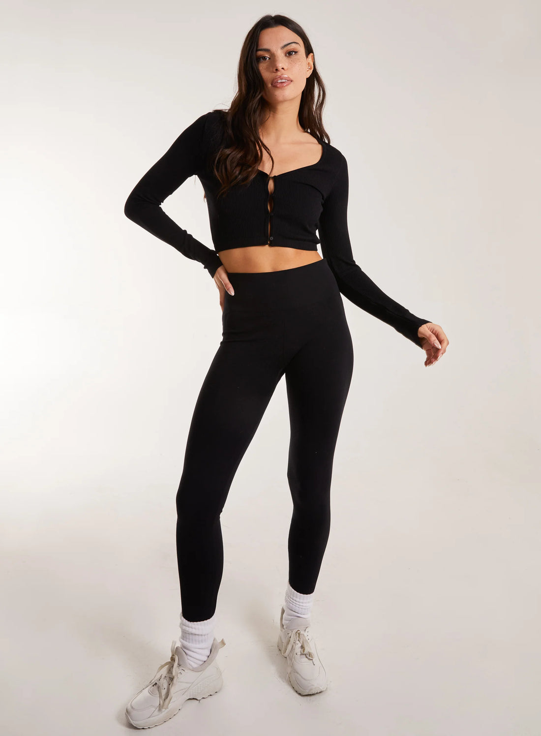 Rib Long Sleeve Button Down Top