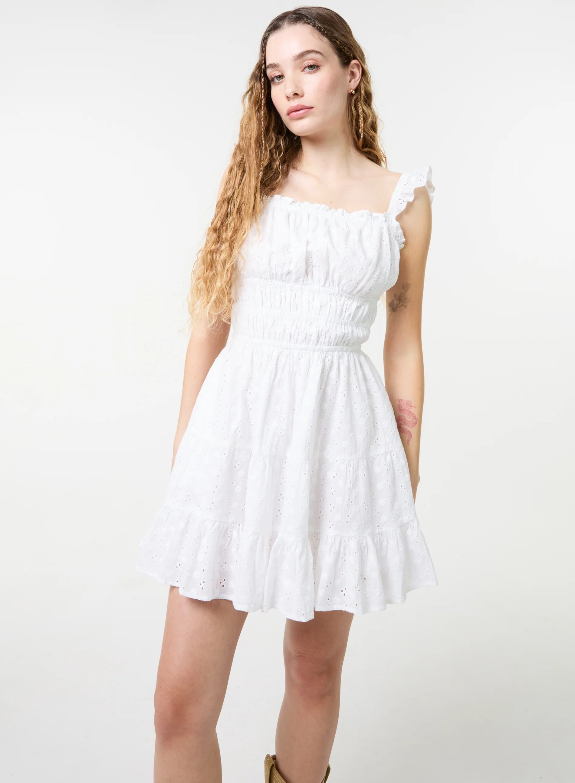 Tie Back Broderie Tiered Mini Dress