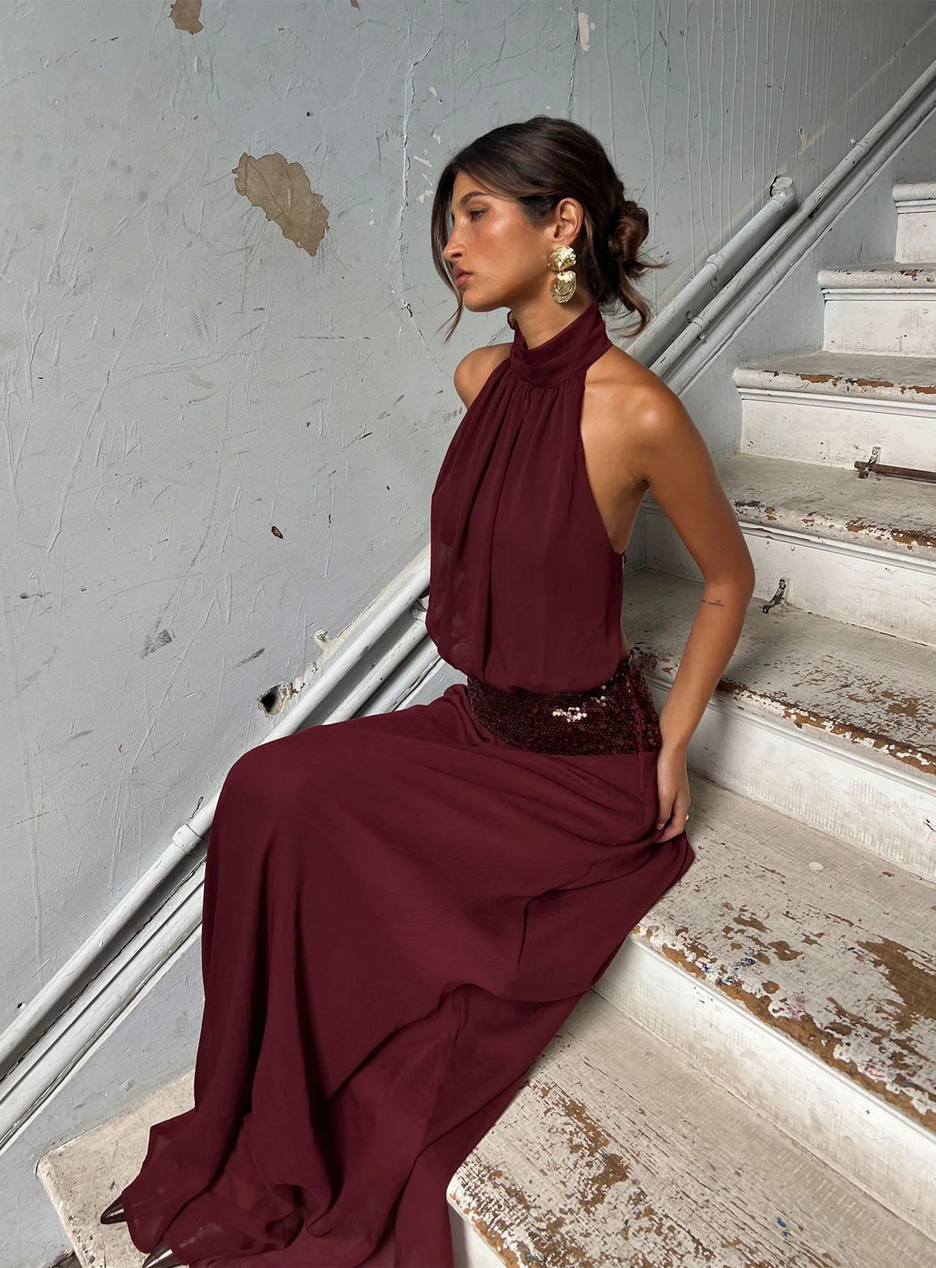 Darwinn Drop Waist Sequin Detail Maxi Dress Burgundy