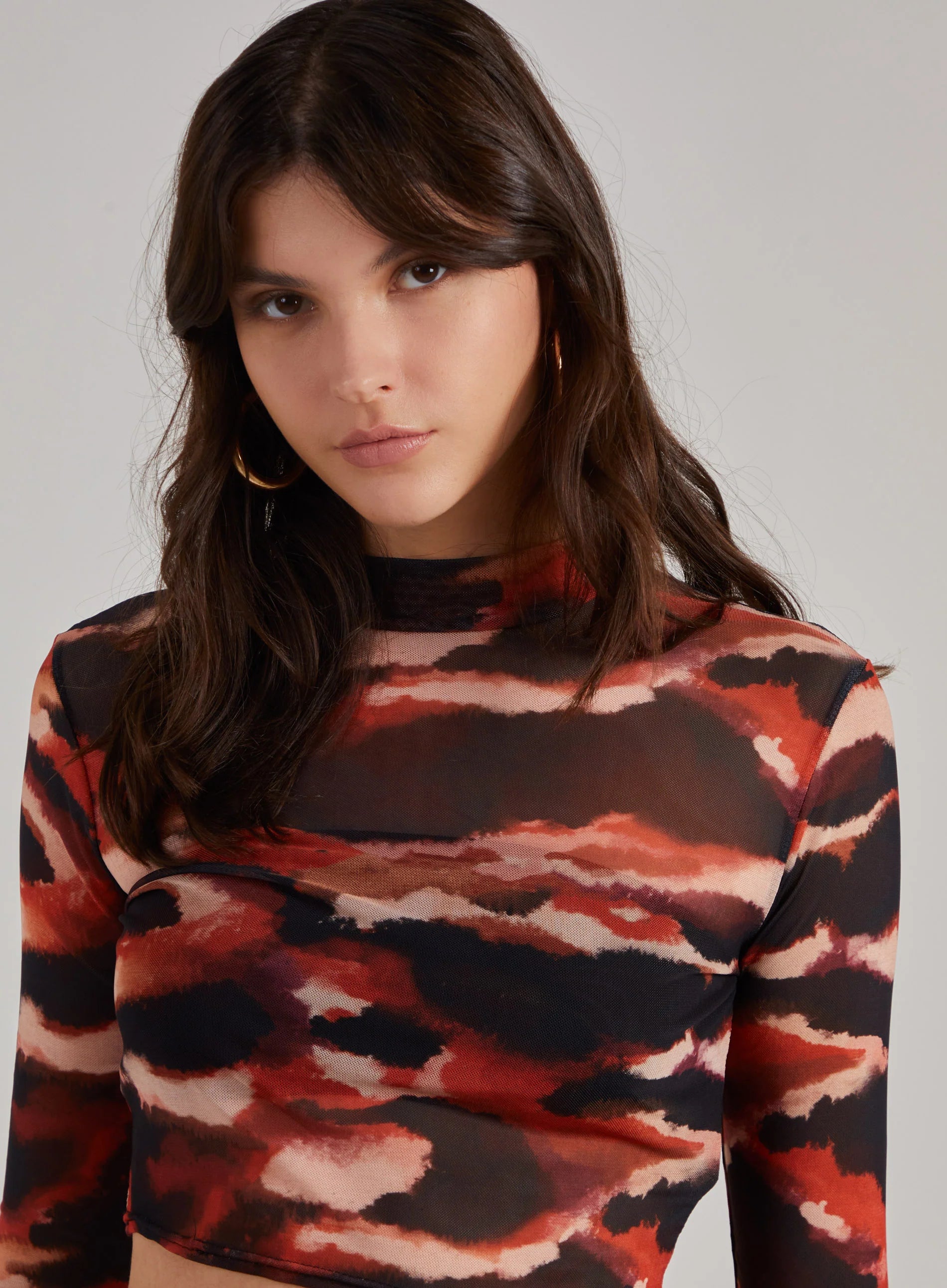 Smudge Print Mesh Long Sleeve Top