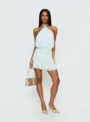 Rozario Chiffon Halter Mini Dress Aqua / Silver