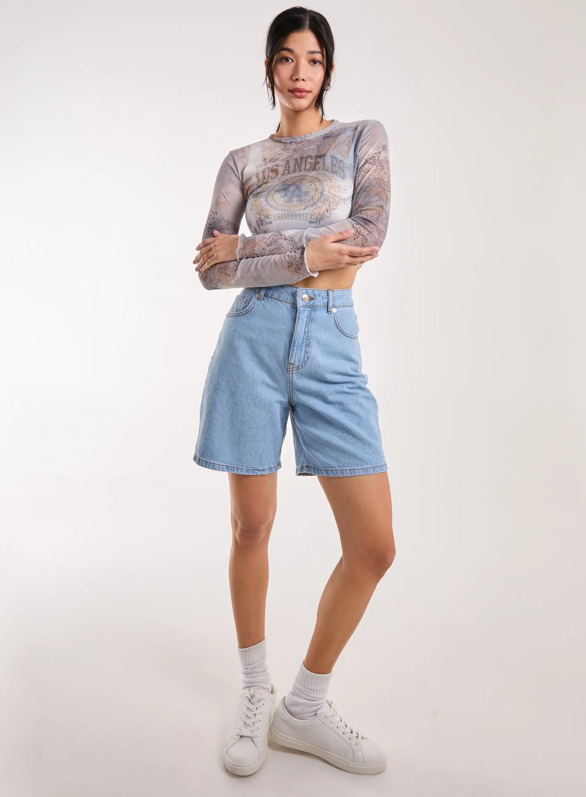 Mesh Printed LA Long Sleeve Top