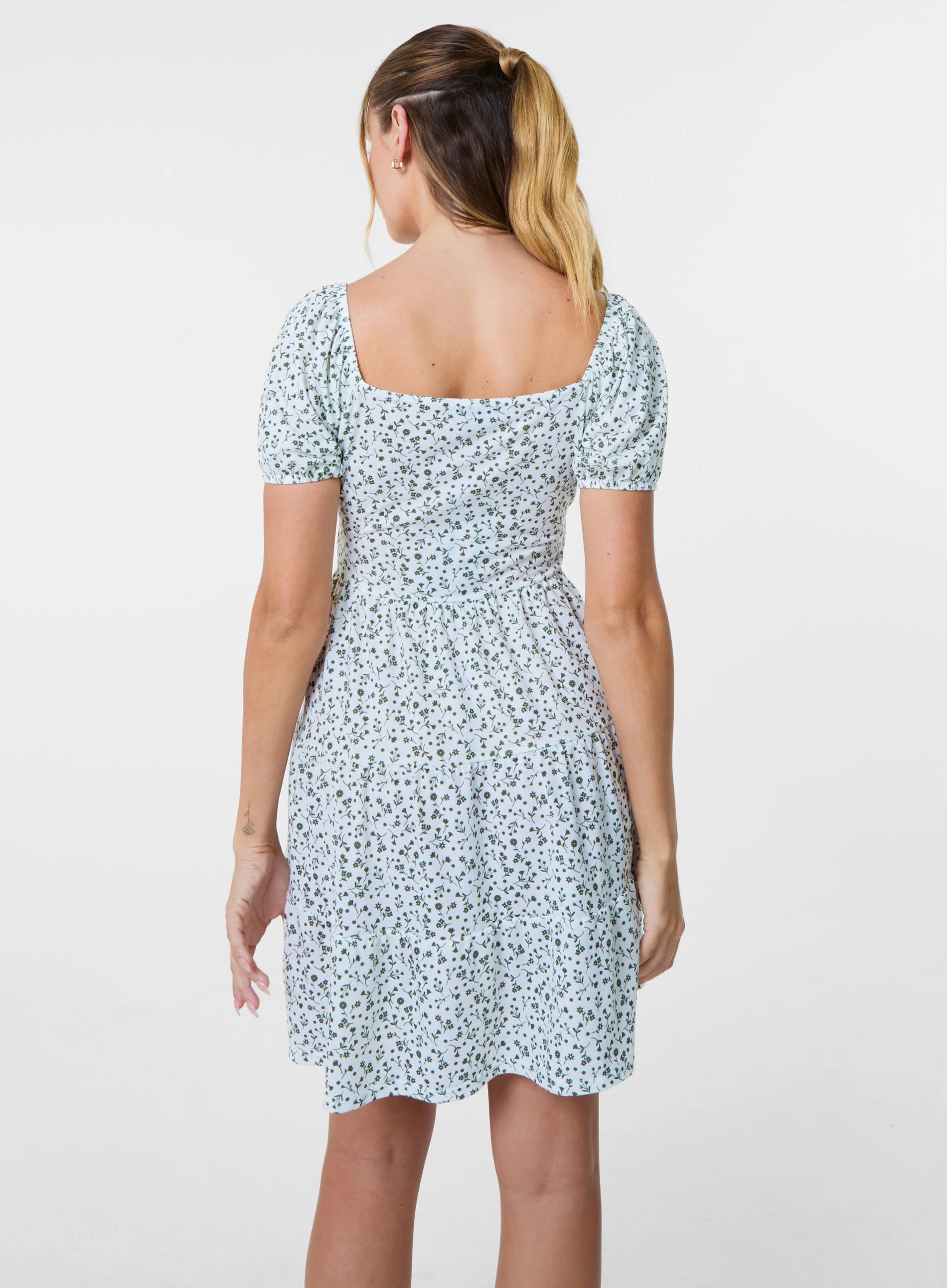 Ditsy Puff Sleeve Tiered Mini Dress