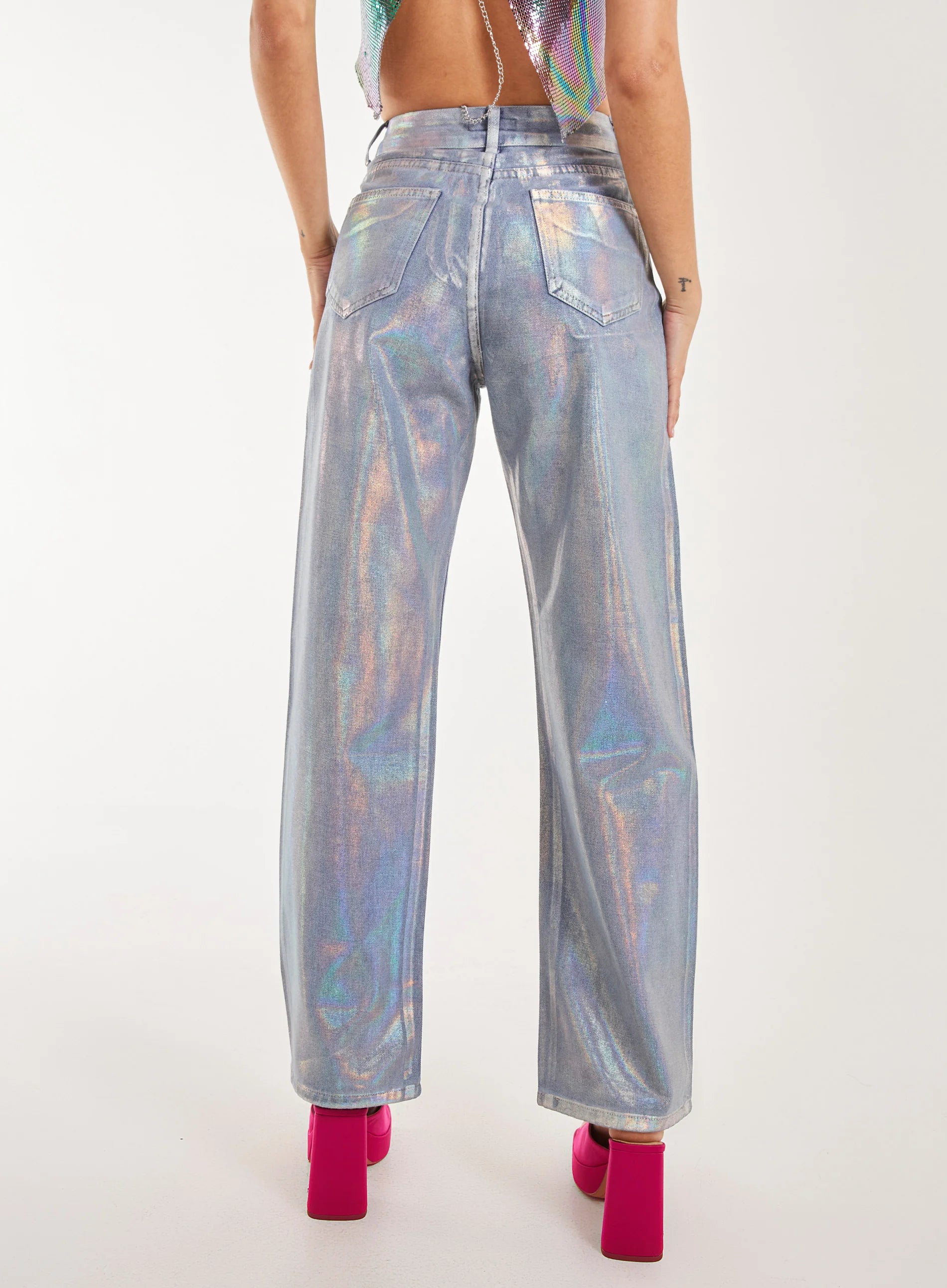 Metallic Silver Foil Coated Jeans