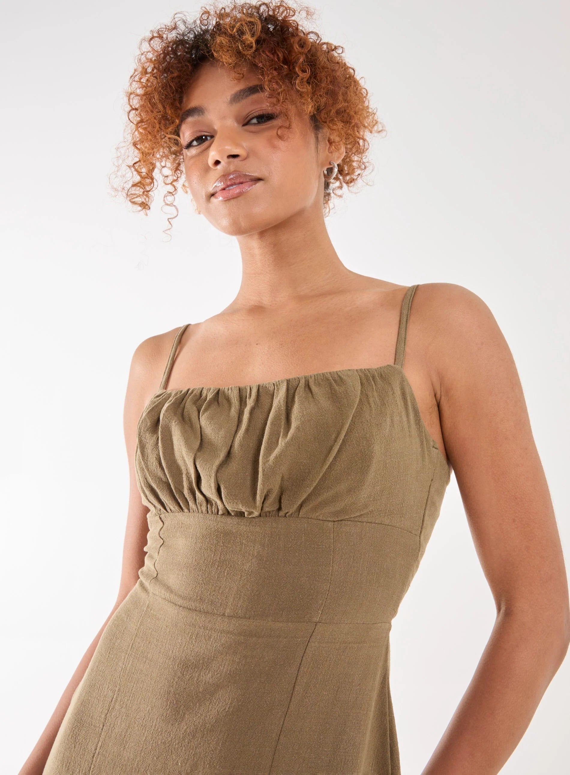 Linen Ruched Strappy Mini Dress