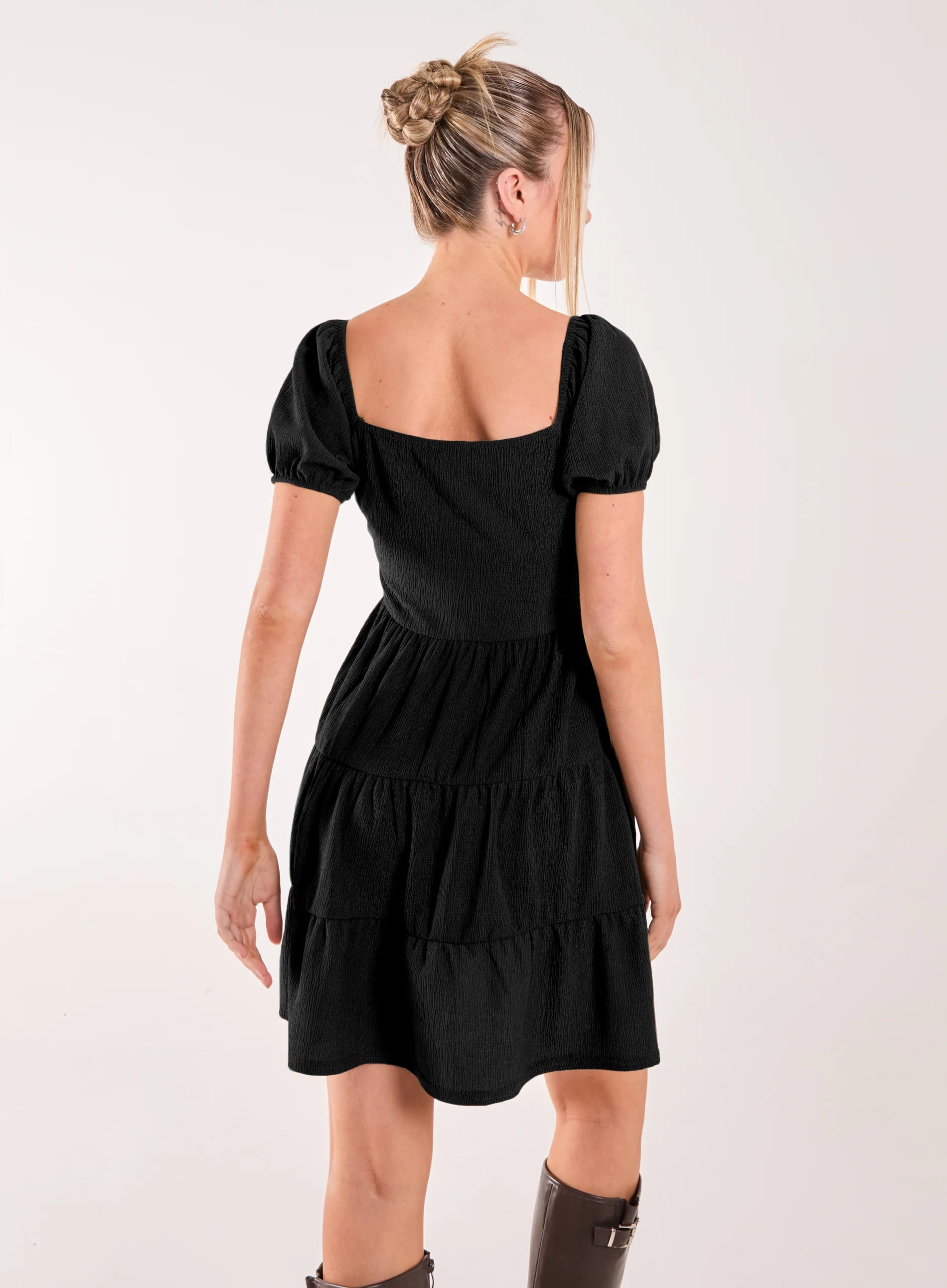 Crinkle Puff Sleeve Tiered Mini Dress