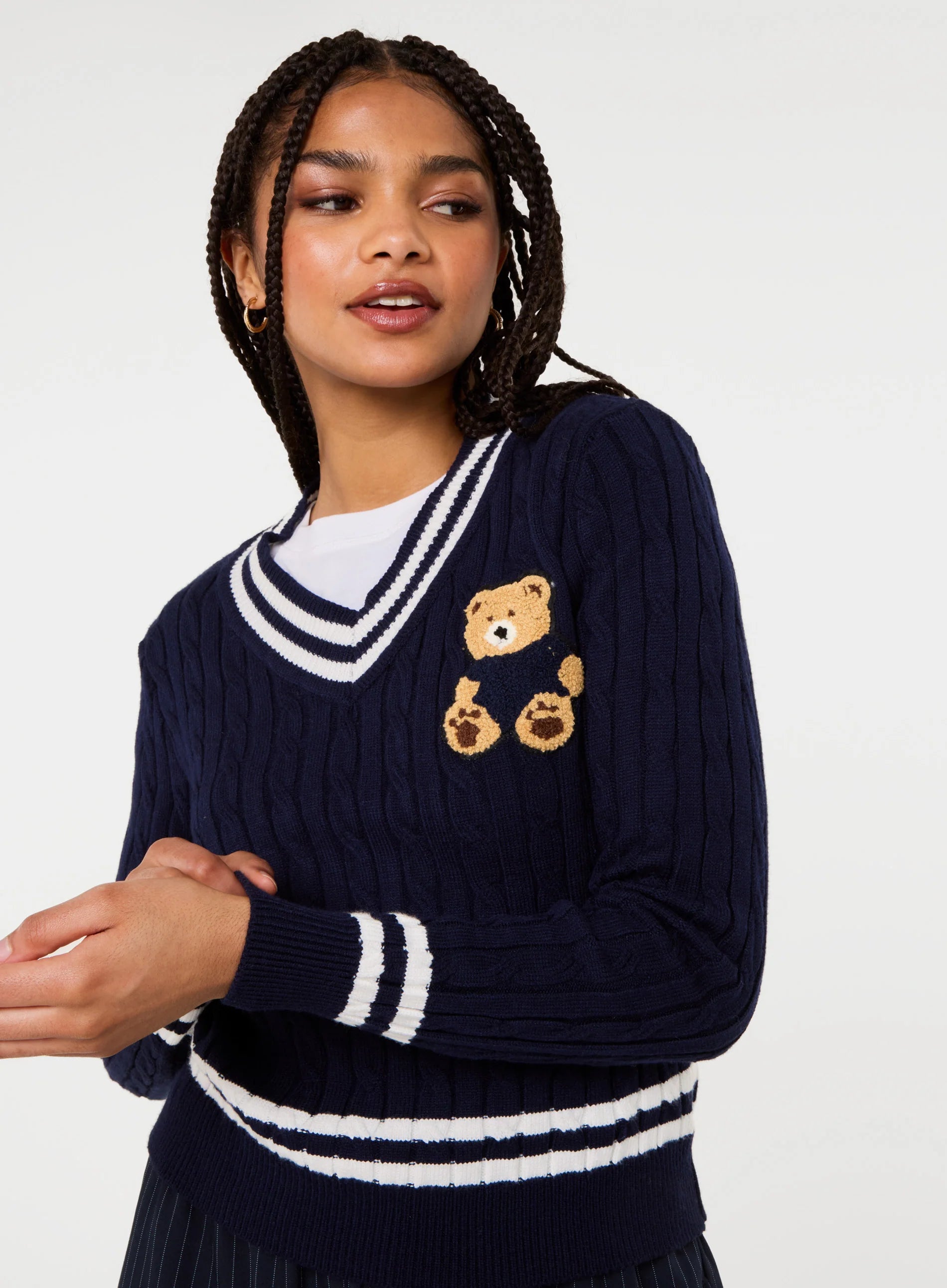 Contrast V-Neck Teddy Jumper