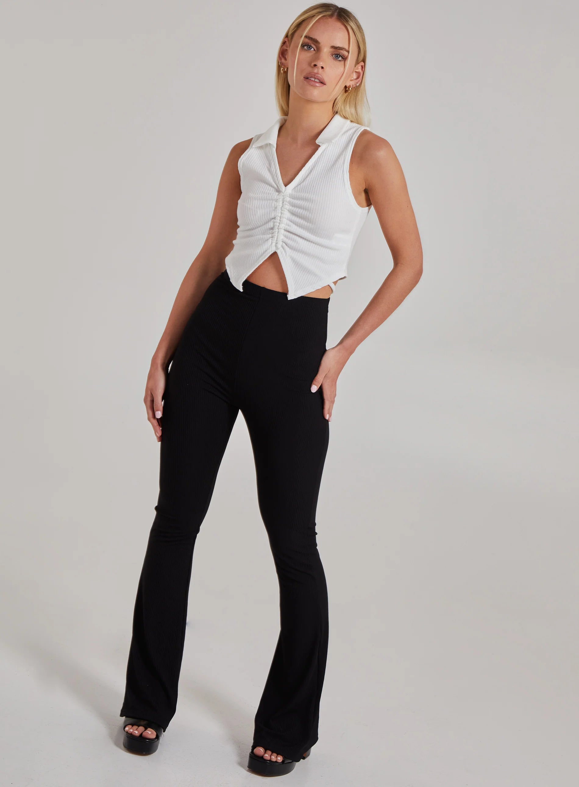 Gathered Collar Neck Rib Top