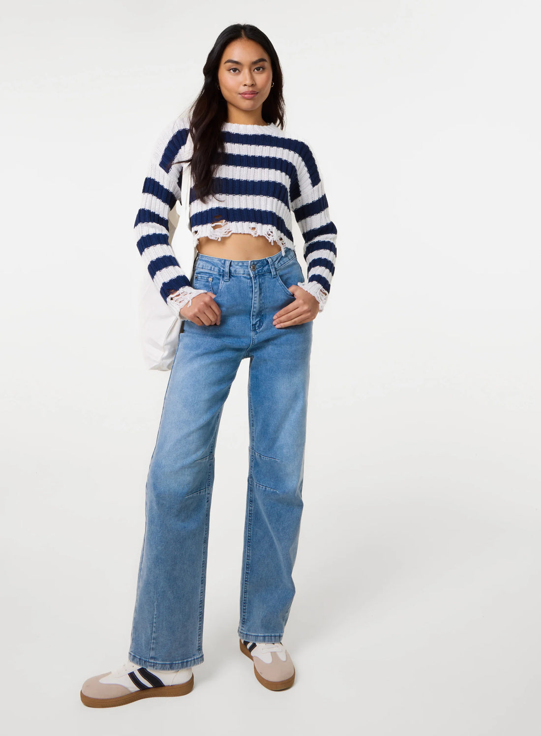 Distressed Striped Crop Knit Jumper