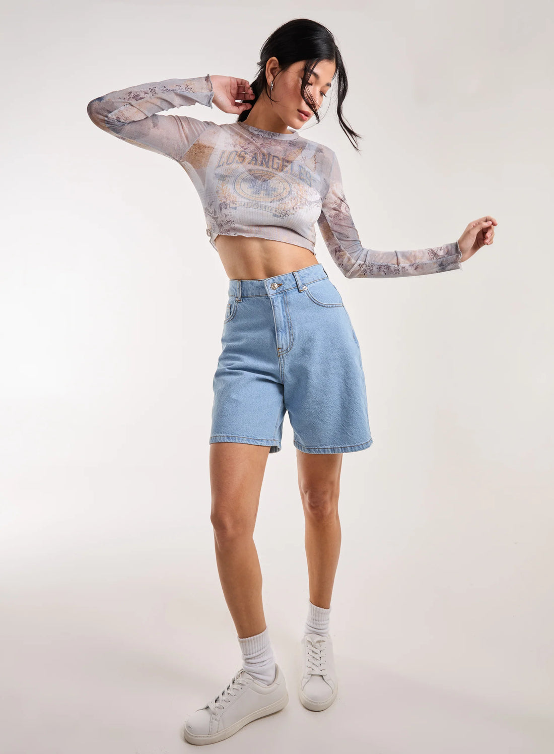 Mesh Printed LA Long Sleeve Top