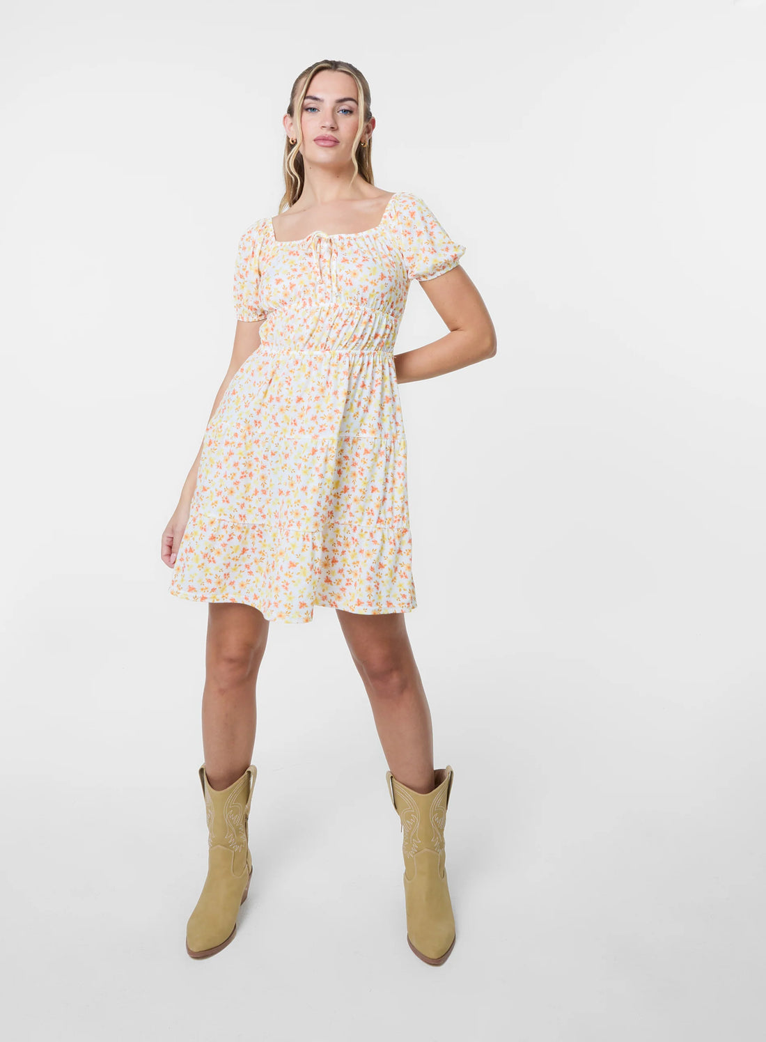 Ditsy Puff Sleeve Tiered Mini Dress