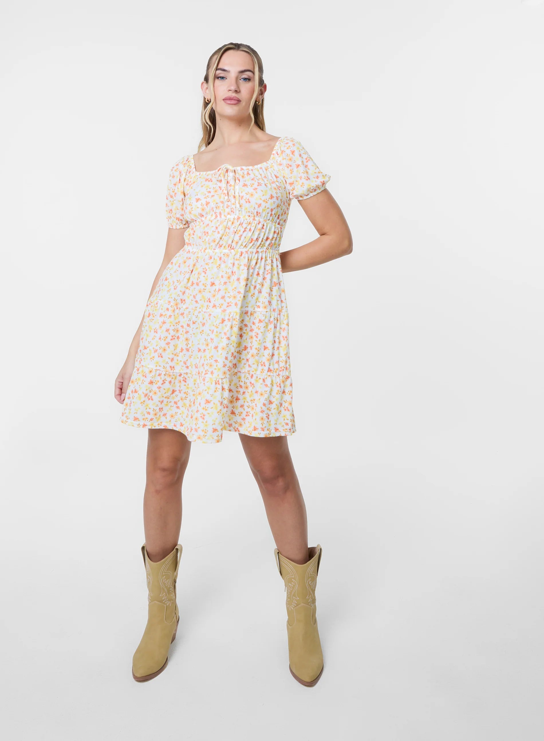 Ditsy Puff Sleeve Tiered Mini Dress