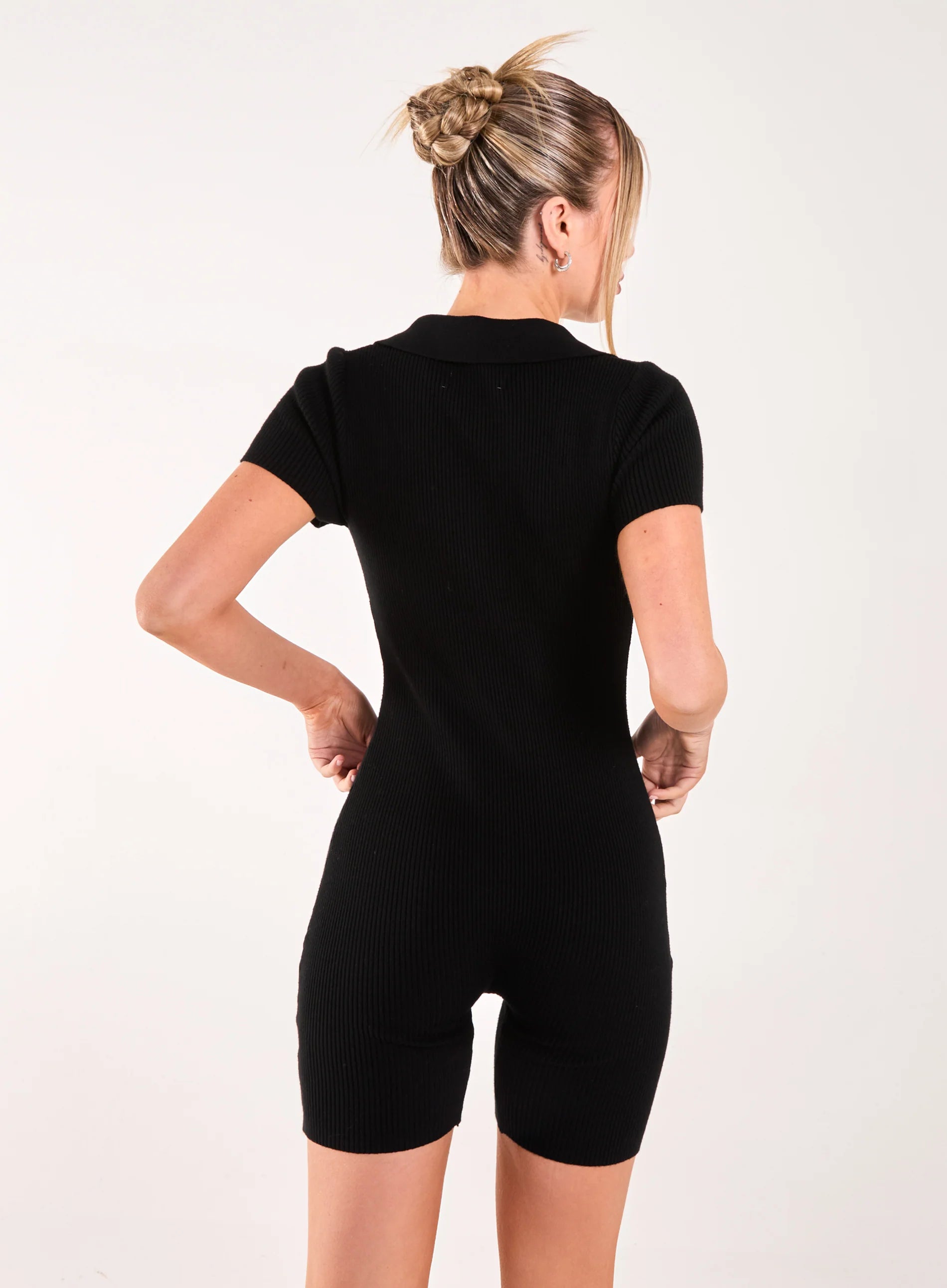 Ribbed Collar Zip Up Unitard